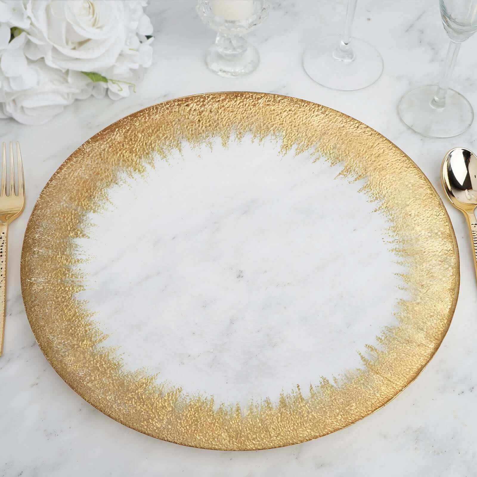 Hot Sale! 8-Piece Set of 13-Inch Clear Glass Round Dinner Charger Plates with Metallic Gold Spray Rim