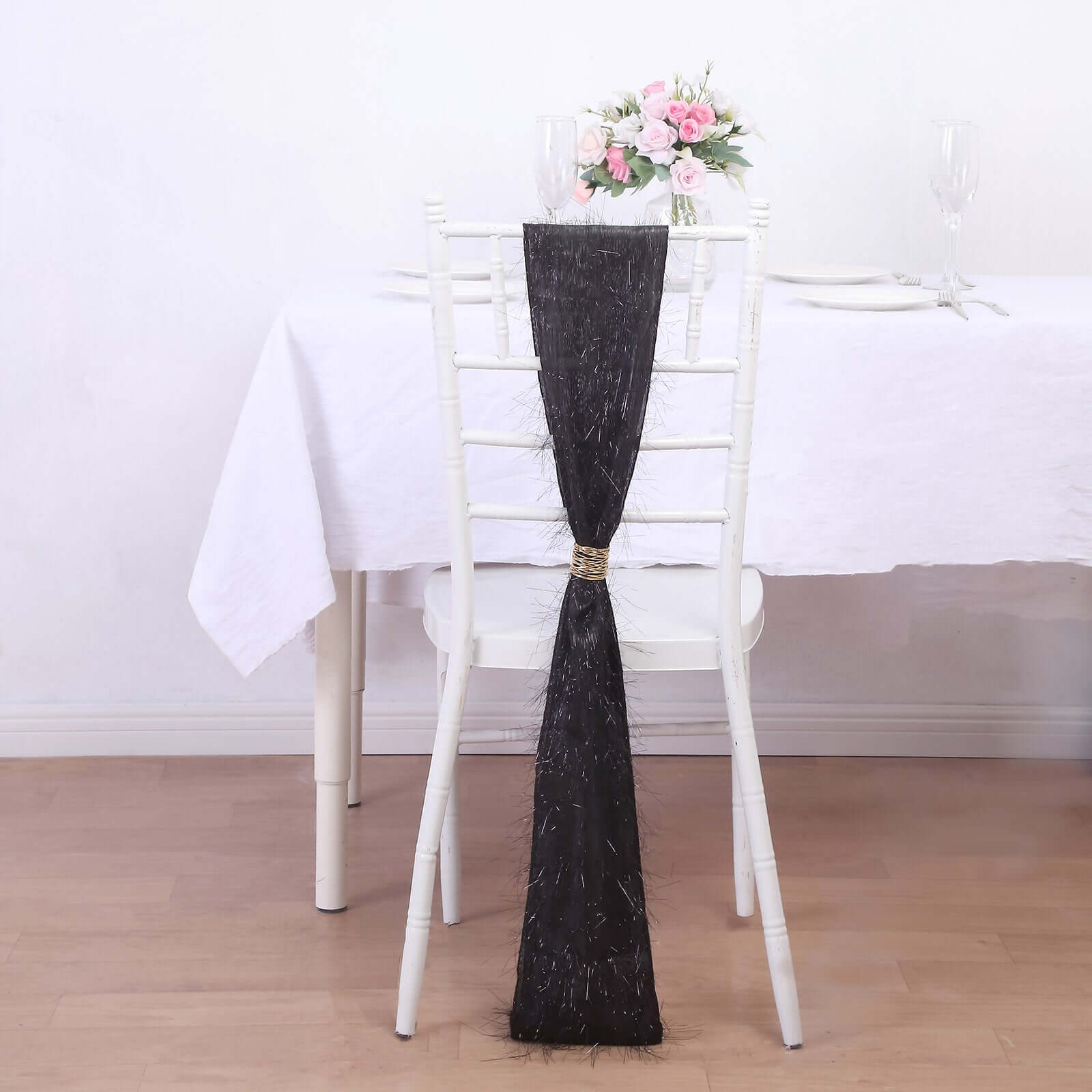 5-Piece Set of Black Metallic Tinsel Fringe Polyester Chair Sashes - Effortless Chair Bows, 6x108