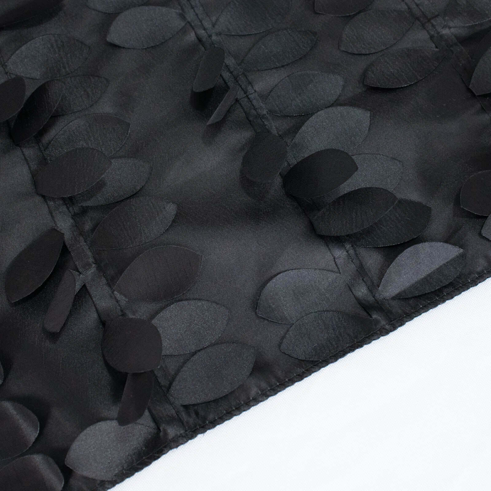 Black 132-Inch Round Taffeta Tablecloth with 3D Leaf Petal Seamless Design