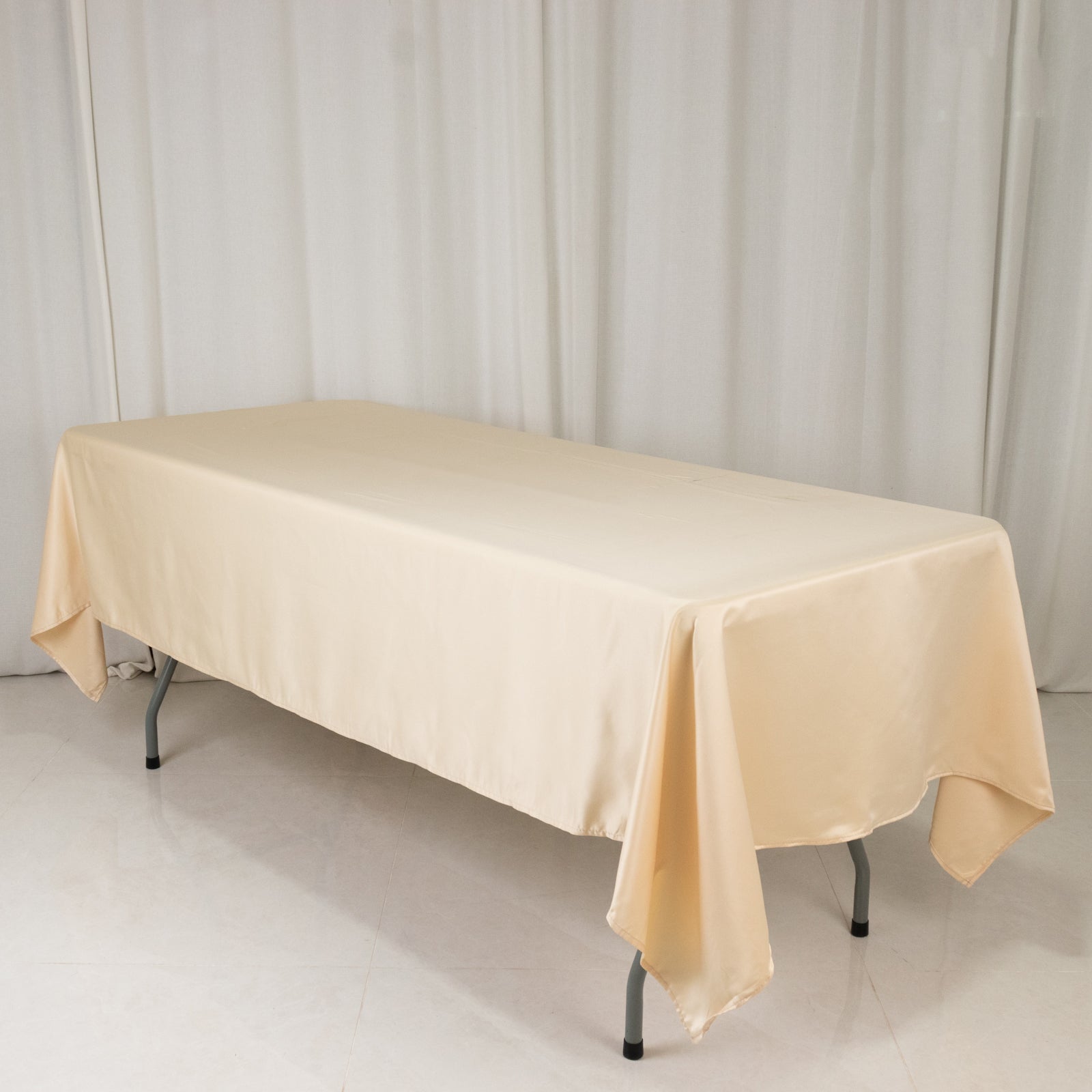 Beige Lamour Satin Rectangle Tablecloth - Durable & Silky Soft, Ideal for Events