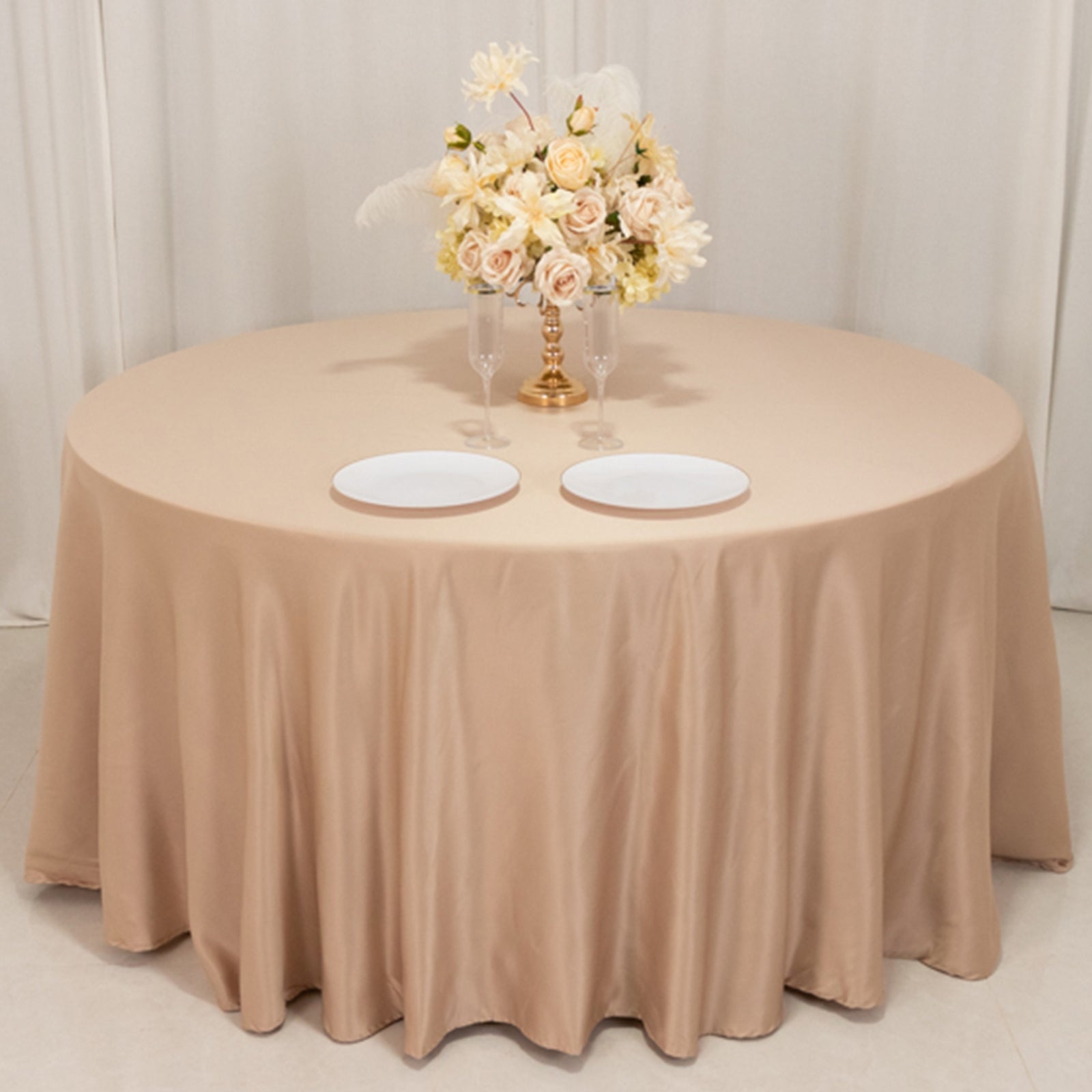 Exclusive Lamour Satin Nude 120" Round Seamless Tablecloth with Soft Sheen