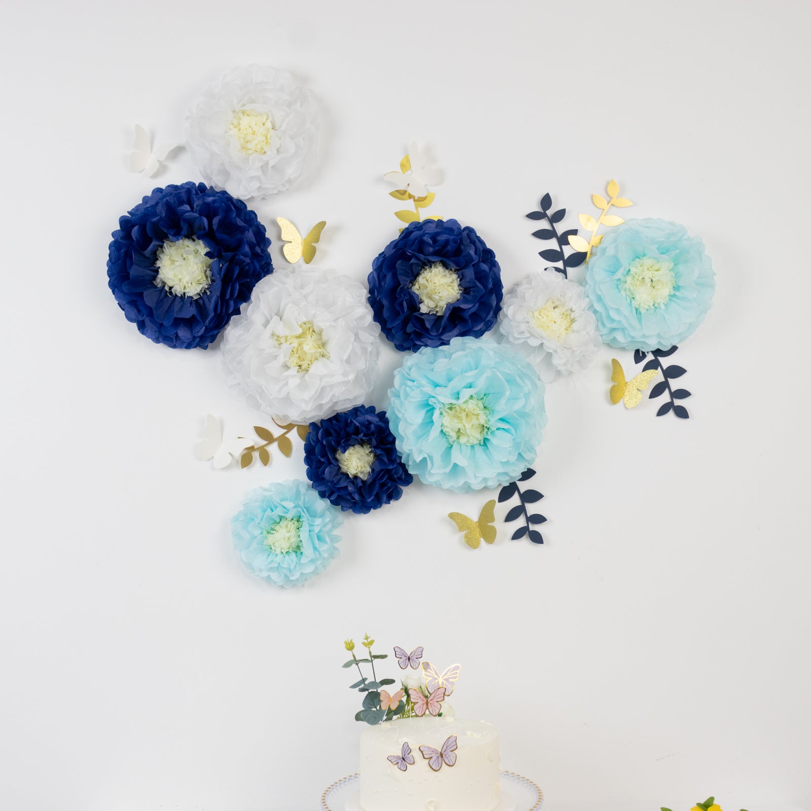 21-Piece Tissue Paper Pom Pom Decor Kit - White & Blue 3D Chrysanthemum Wall Decor with Butterflies & Olive Leaves