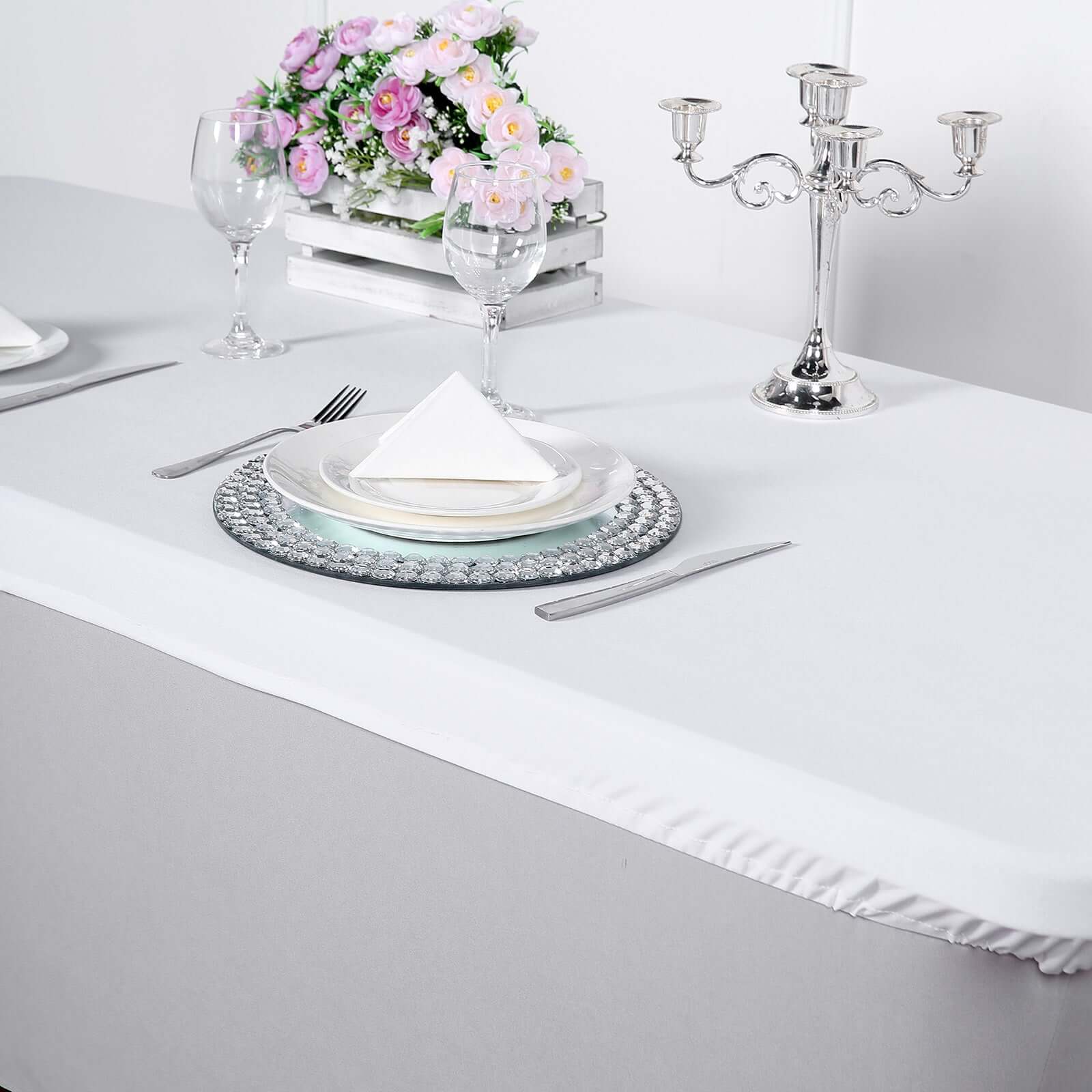 White Stretch Spandex 72x30 Rectangle Fitted Table Topper - Durable & Sleek