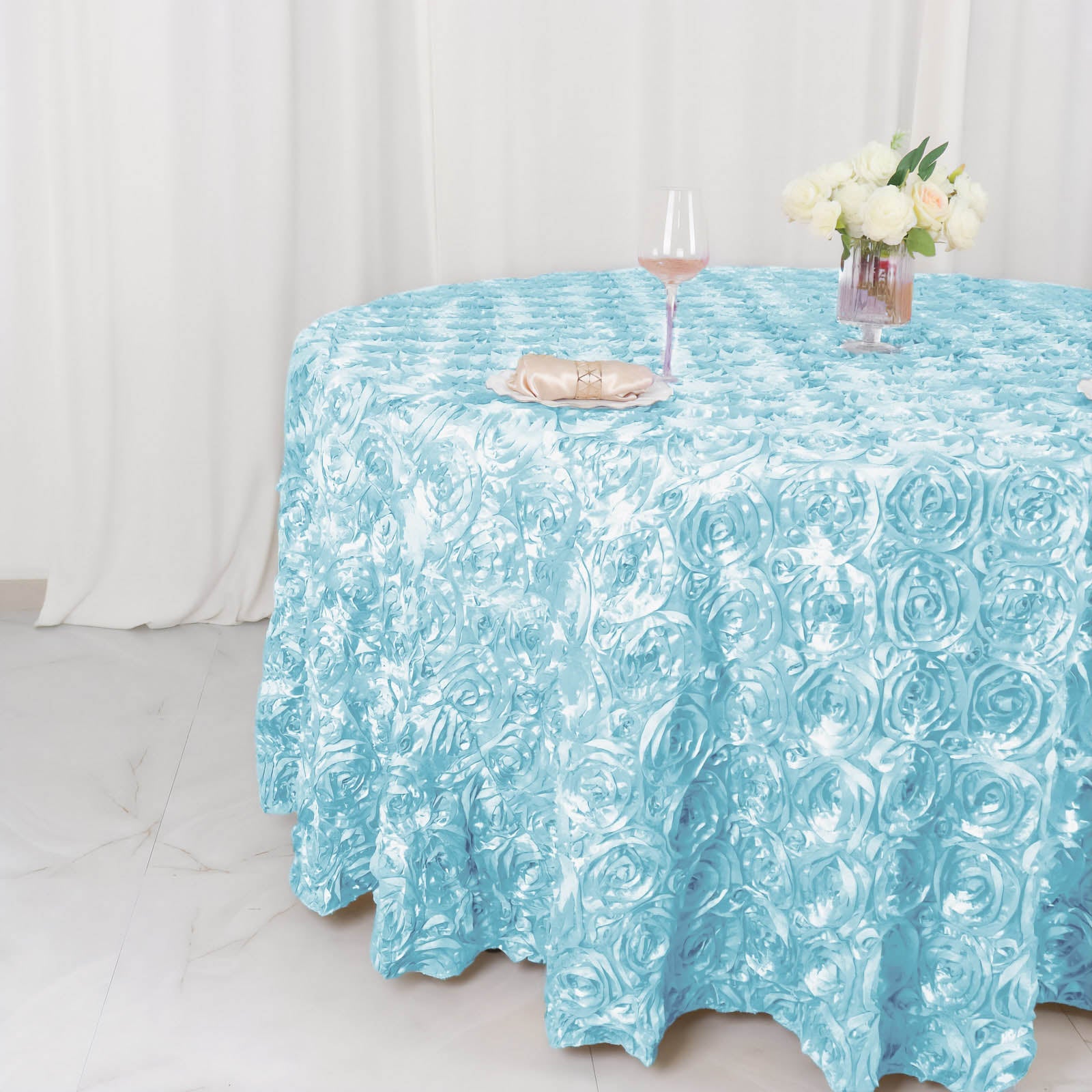 Light Blue 120-Inch Round Satin Tablecloth with Stunning 3D Rosette and Seamless Finish