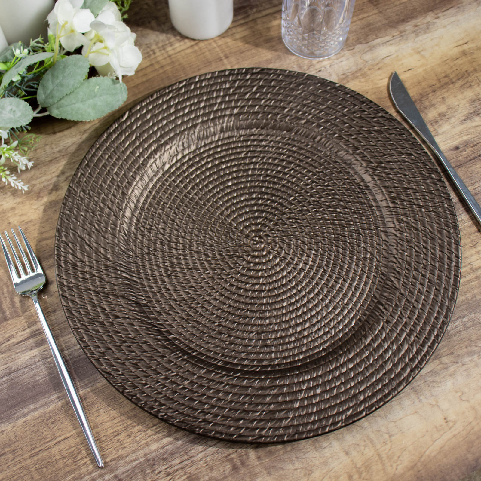 6-Piece Set of 13-Inch Acrylic Charger Plates in Natural Brown with Rattan Look