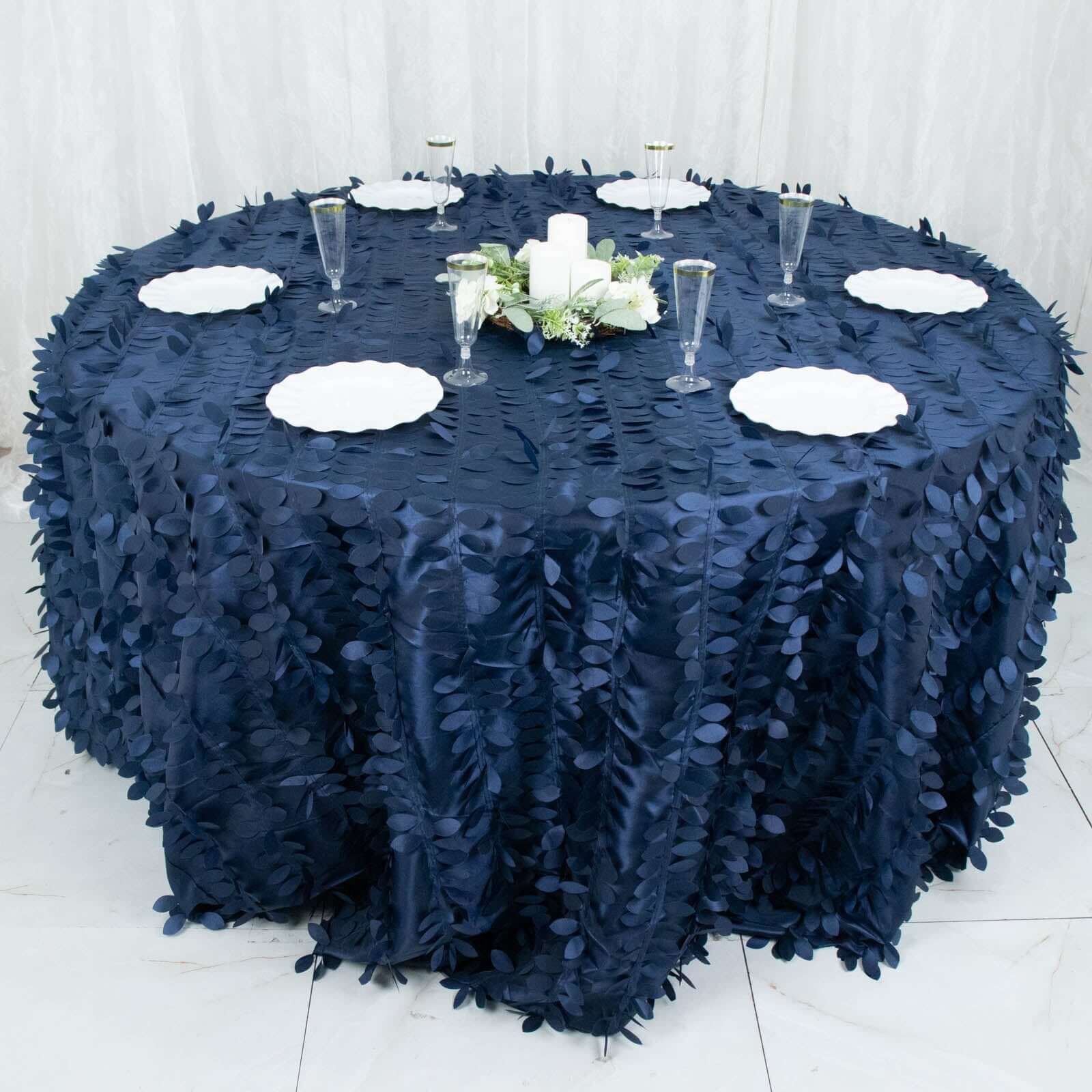 Hot Sale! Navy Blue Taffeta 132-Inch Round Tablecloth with 3D Leaf Petal Design