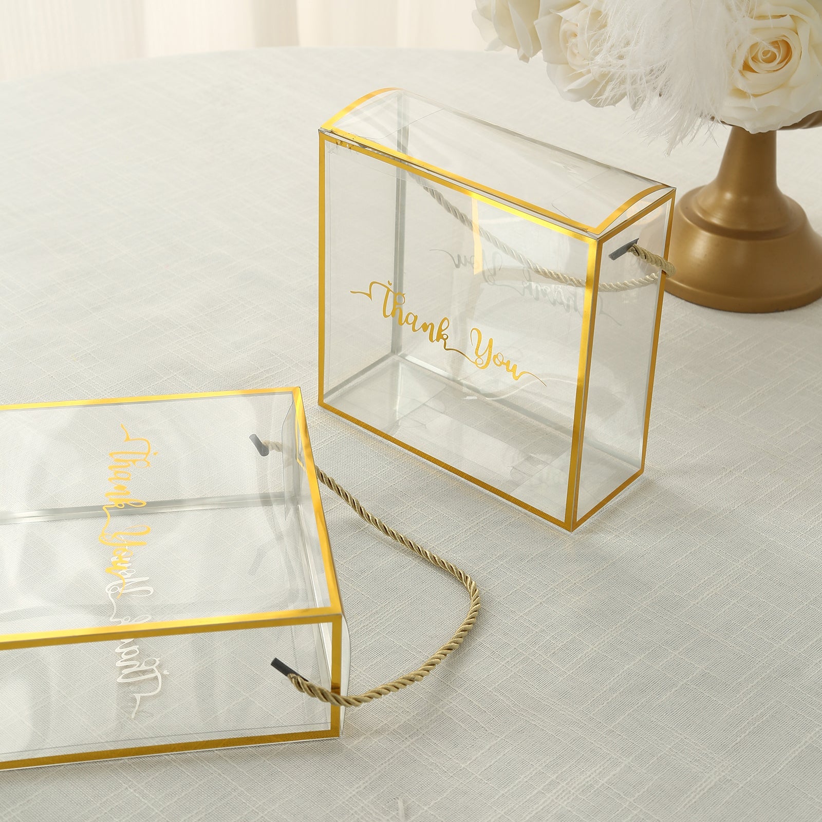 25-Pack Square Clear PVC Gift Boxes with Gold Trim, Rope Handles and 'Thank You' Print, 8x8 Size
