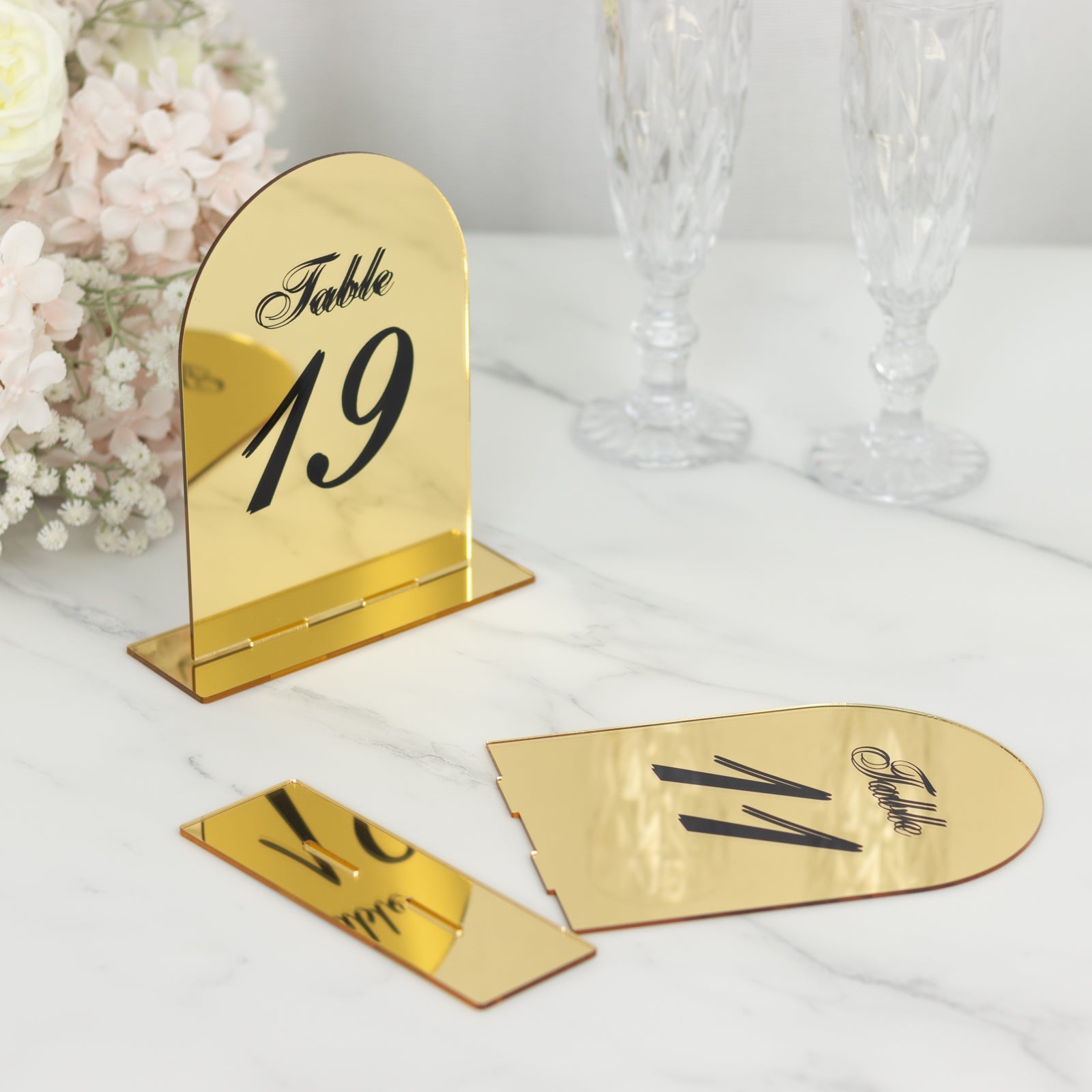 Gold Mirror Arch Acrylic Wedding Table Numbers (11 - 20) - 6x7 Signs with Black Print & Stands