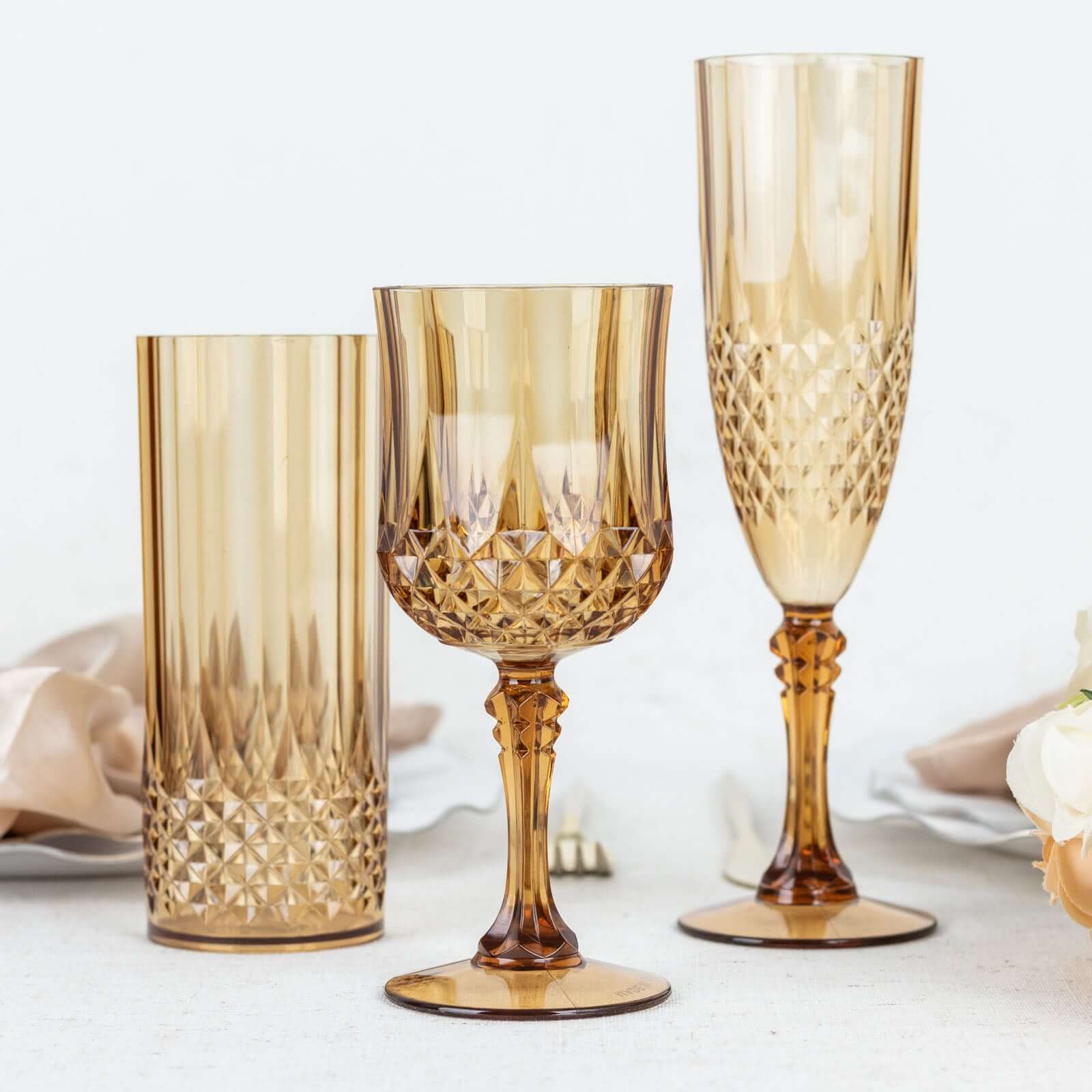 6-Piece Set of Reusable 8oz Amber Gold Plastic Champagne Toast Flutes with Crystal Cut Design