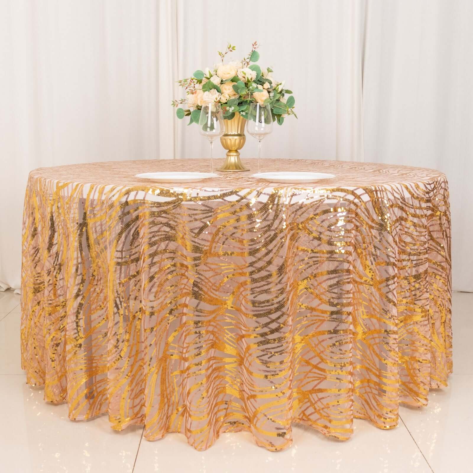 Hot! Rose Gold/Gold Sequin Mesh 120" Round Seamless Tablecloth
