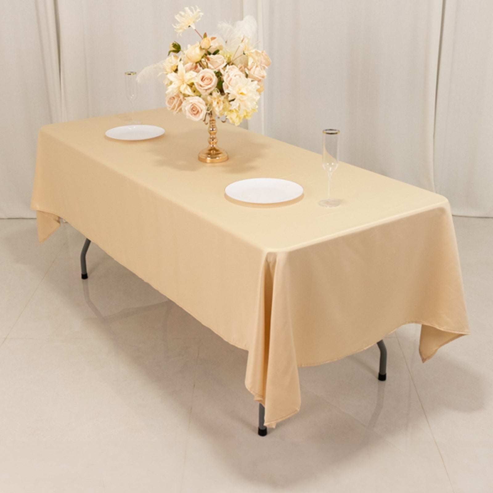 Beige Lamour Satin Rectangle Tablecloth - Durable & Silky Soft, Ideal for Events