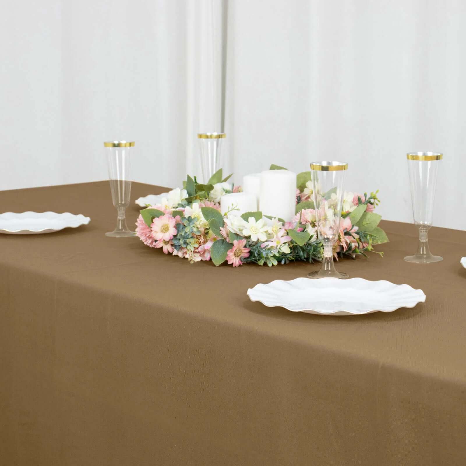 Get This Seamless, Wrinkle-Resistant 90x132 Polyester Rectangle Taupe Tablecloth Now!