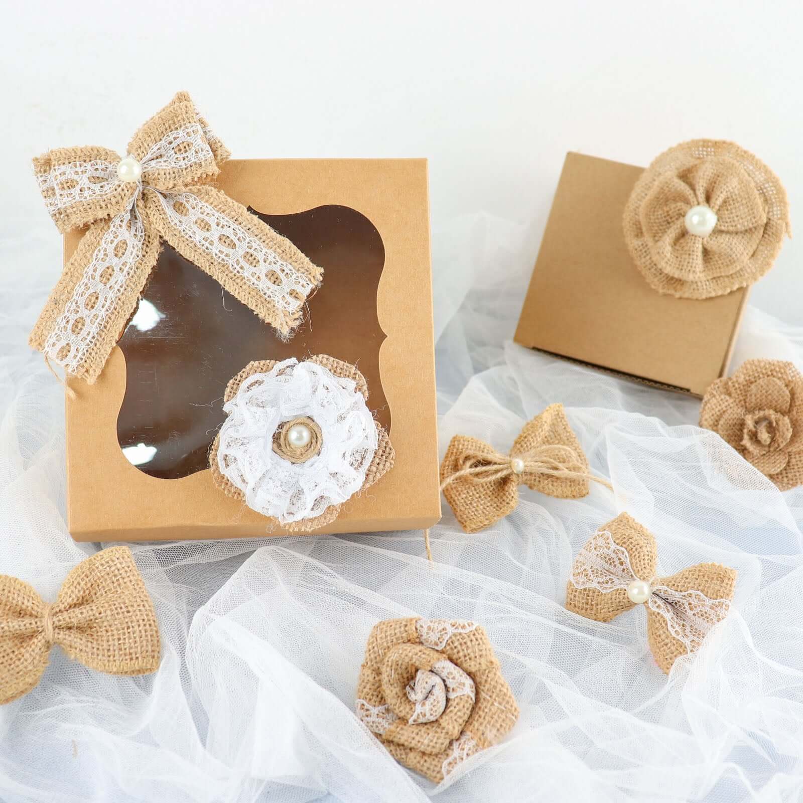 24 Pcs Natural Burlap Flower and Bow Set with Lace Ribbon, 8 Assorted Styles, 30 Sticker Dots Included