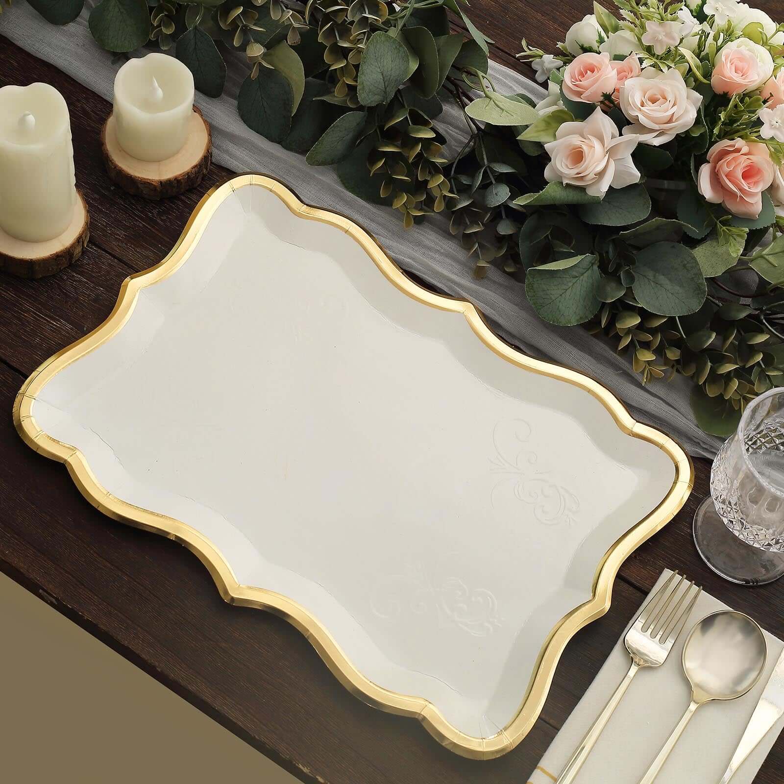 10-Pack Heavy Duty 400GSM White Cardboard Serving Trays with Gold Rim for Weddings & Parties