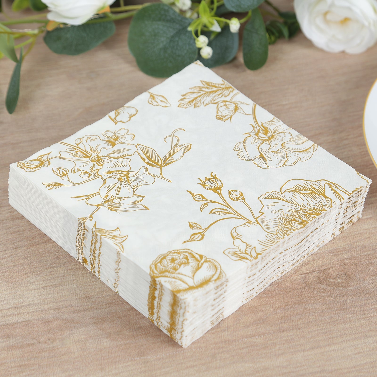 50-Piece Pack of Soft 2-Ply French Toile Floral Patterned Paper Cocktail Napkins in White/Gold - Ideal for Events