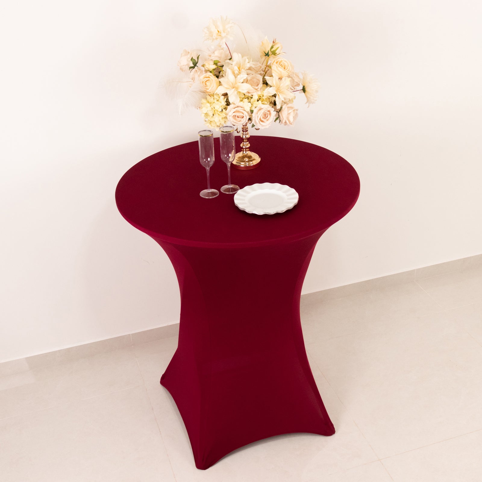 Burgundy Spandex Stretch Fitted Cocktail Table Cover - Easy to Maintain, 33 - 36 Round