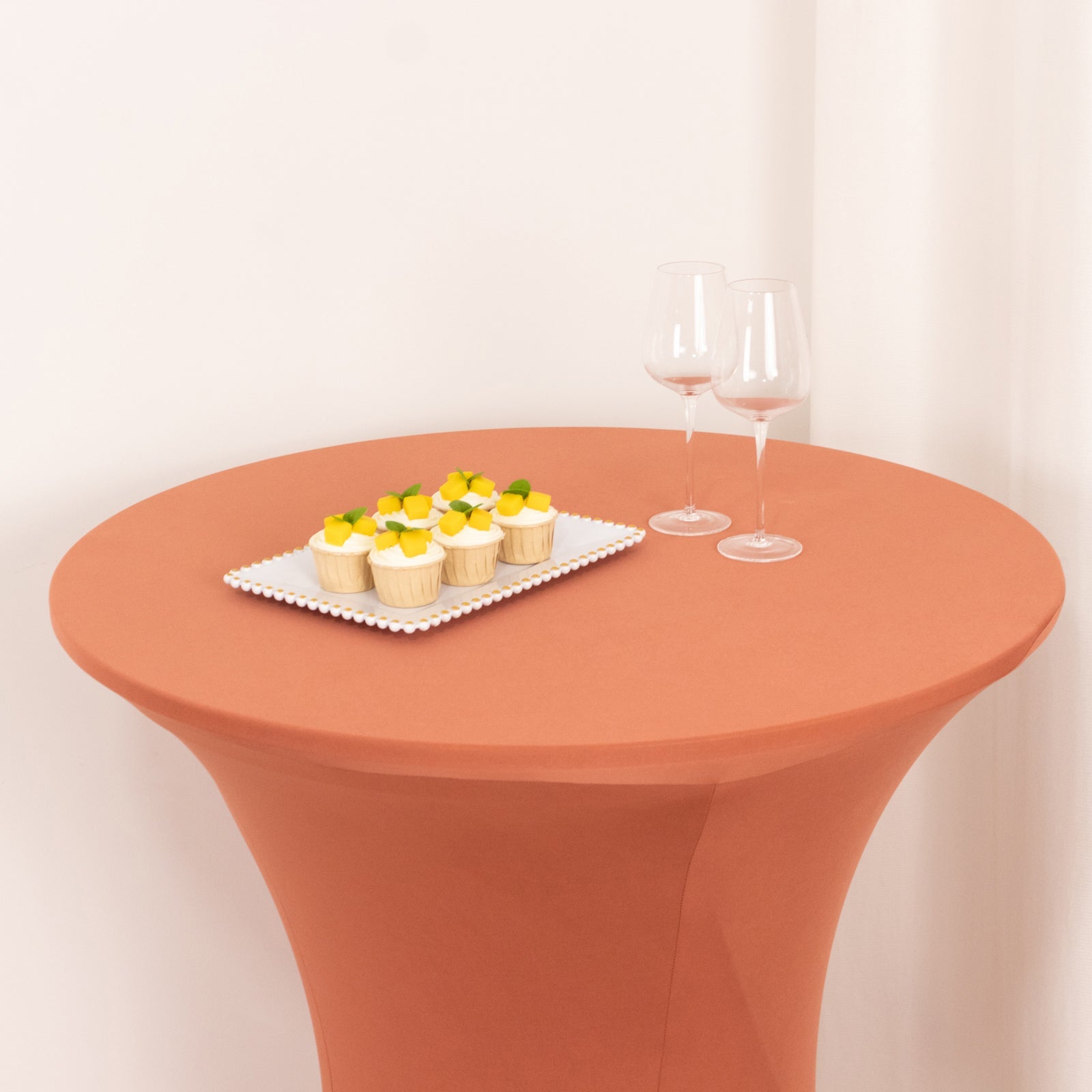 Stretchable Spandex Cocktail Table Cover in Terracotta (Rust) - Easy Maintenance for 33 - 36' Tables