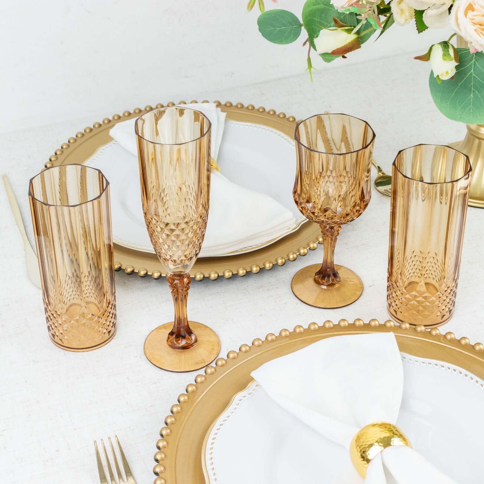 14oz Shatterproof 6-Pack Amber Gold Plastic Cocktail Tumblers with Crystal Cut Style