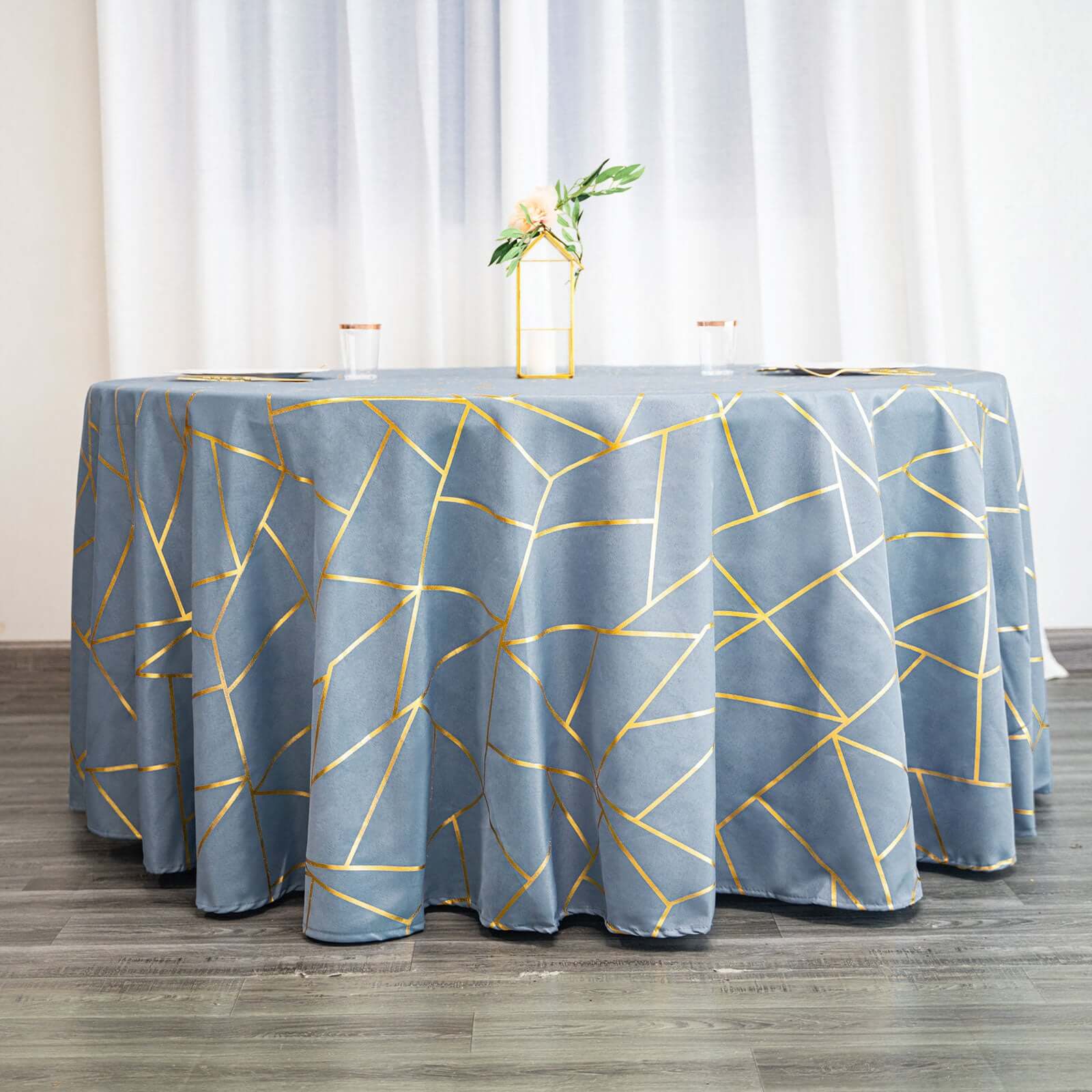 Hot Sale! Wrinkle-Resistant Seamless Polyester 120' Round Tablecloth in Dusty Blue with Gold Foil Geometric Design
