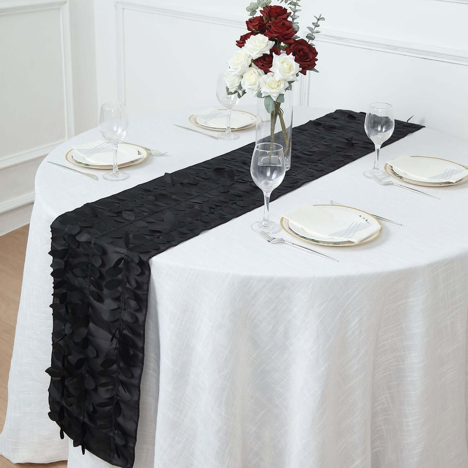 Exclusive Black Taffeta Table Runner with 3D Leaf Petal Design