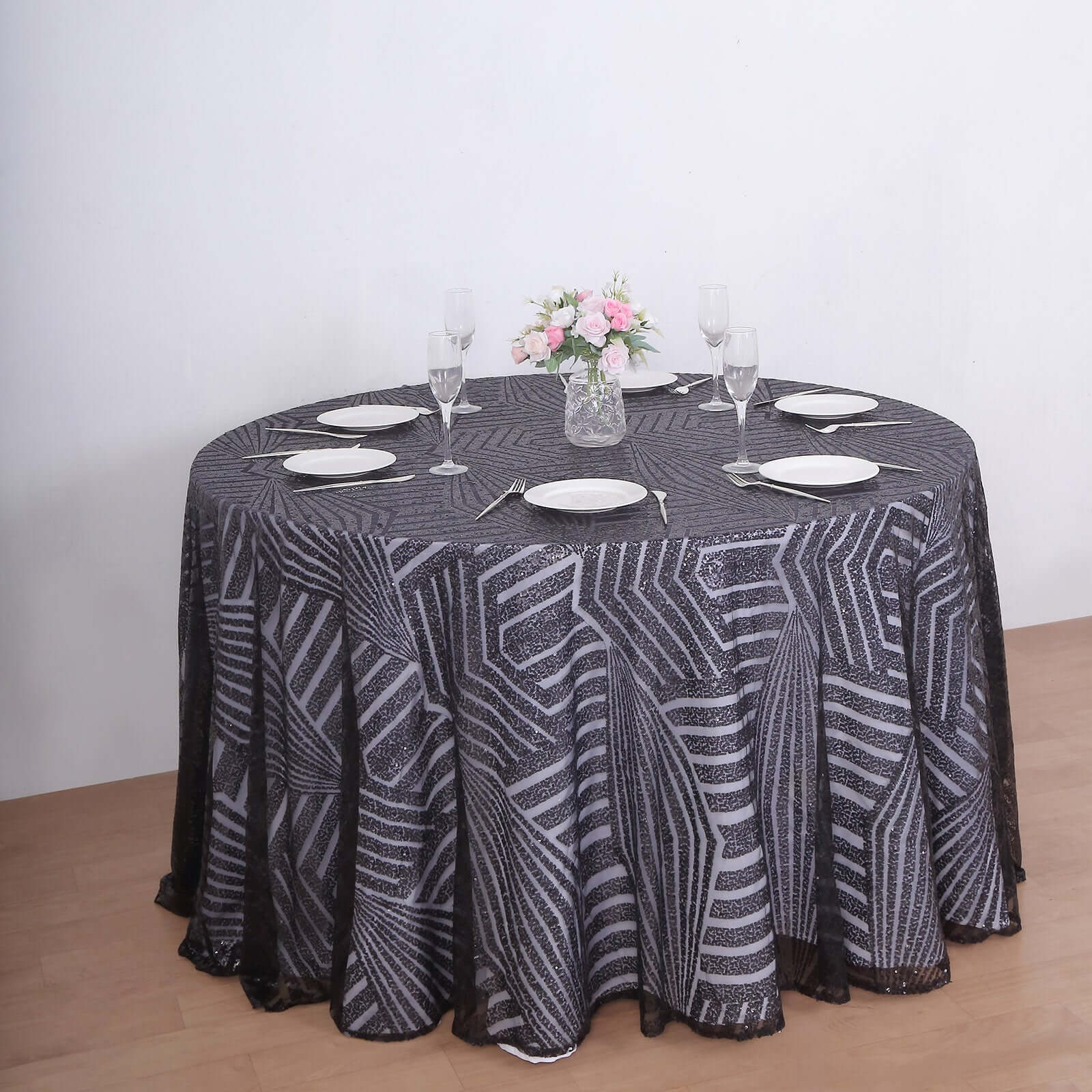 Black Seamless Diamond Glitz 120 Round Sequin Tablecloth - Perfect for Special Events