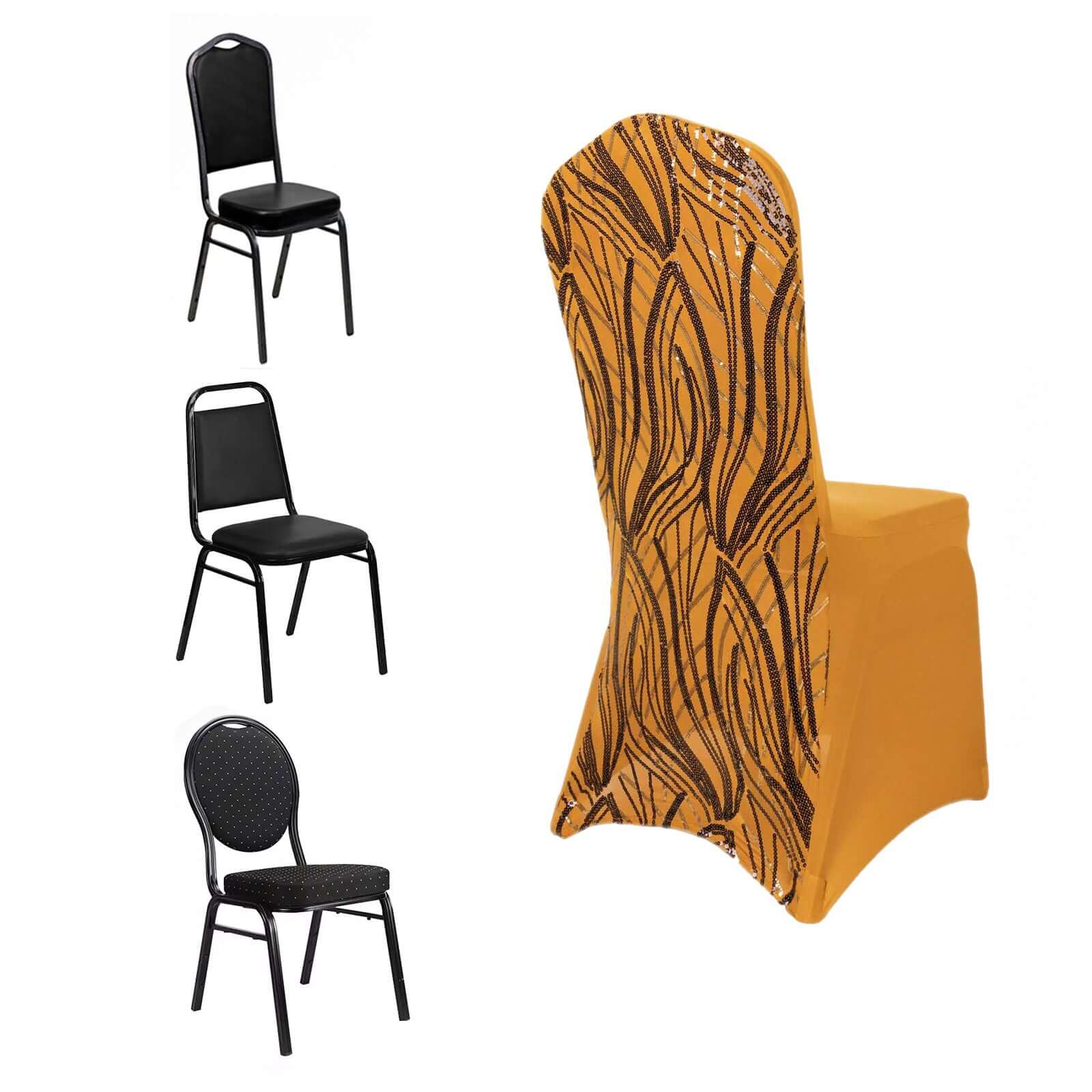 Hot! Gold/Black Glittering Spandex Chair Cover with Wave Embroidered Sequins for Banquets