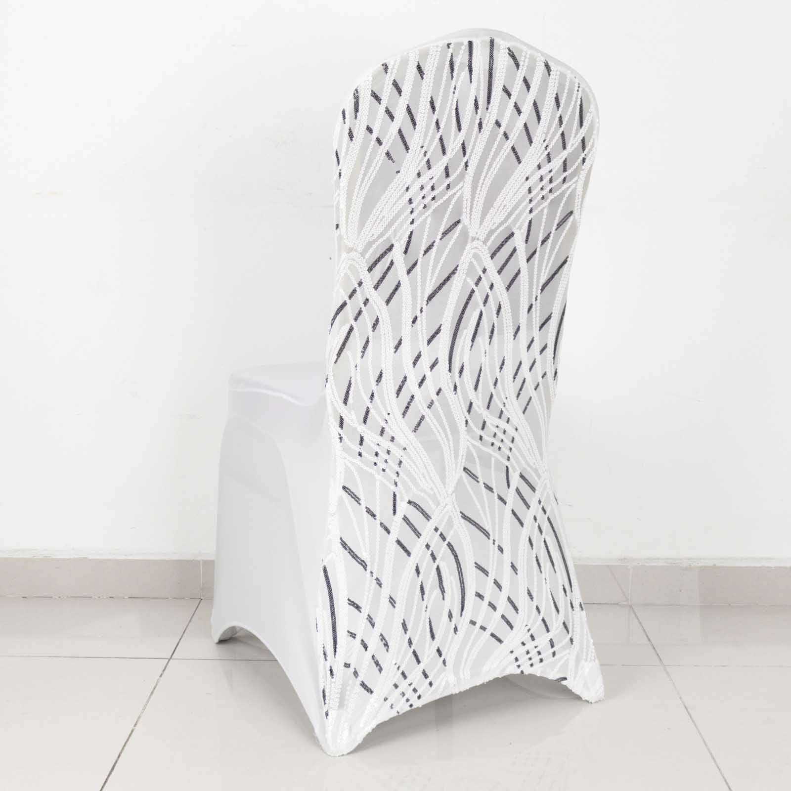 Luxe Glittering Stretch Fitted Slipcover - Spandex Banquet Chair Cover with Wave - Embroidered Sequins in White/Black
