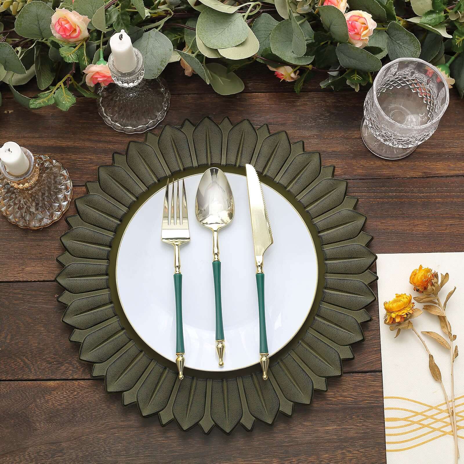 6-Piece Set of 13-Inch Matte Olive Green Plastic Round Charger Plates with Sunflower Rim