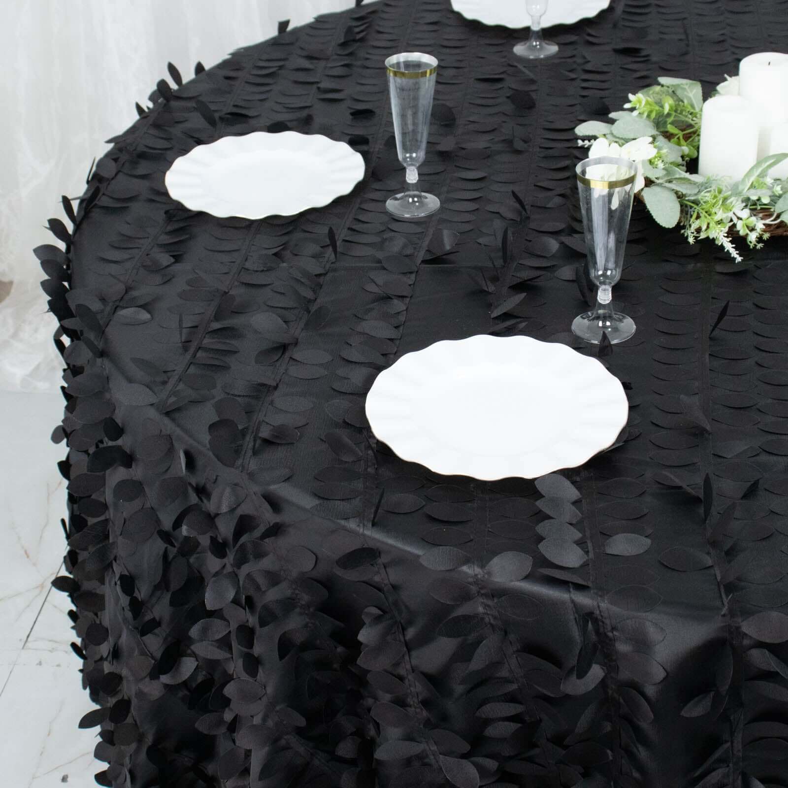Black 132-Inch Round Taffeta Tablecloth with 3D Leaf Petal Seamless Design