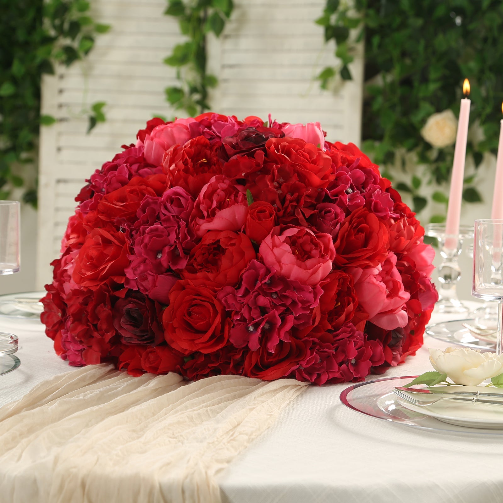 Hot Sale! Large Red Artificial Silk Rose Flower Ball Bouquet for Wedding Centerpieces and Table Decor - 20