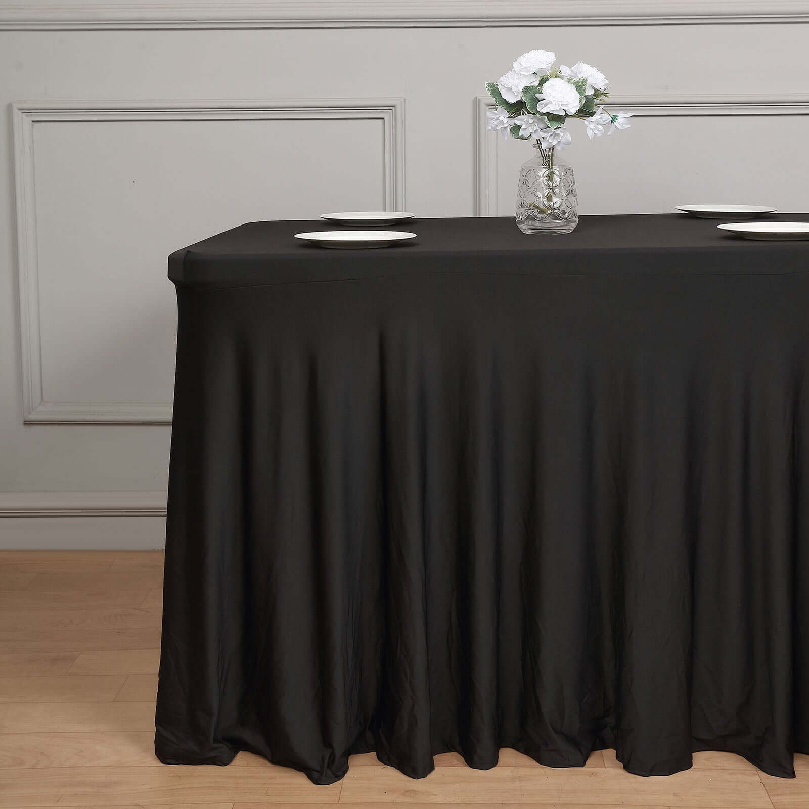 Hot! Black Spandex 72x30 Rectangle Table Skirt with Wavy Effect