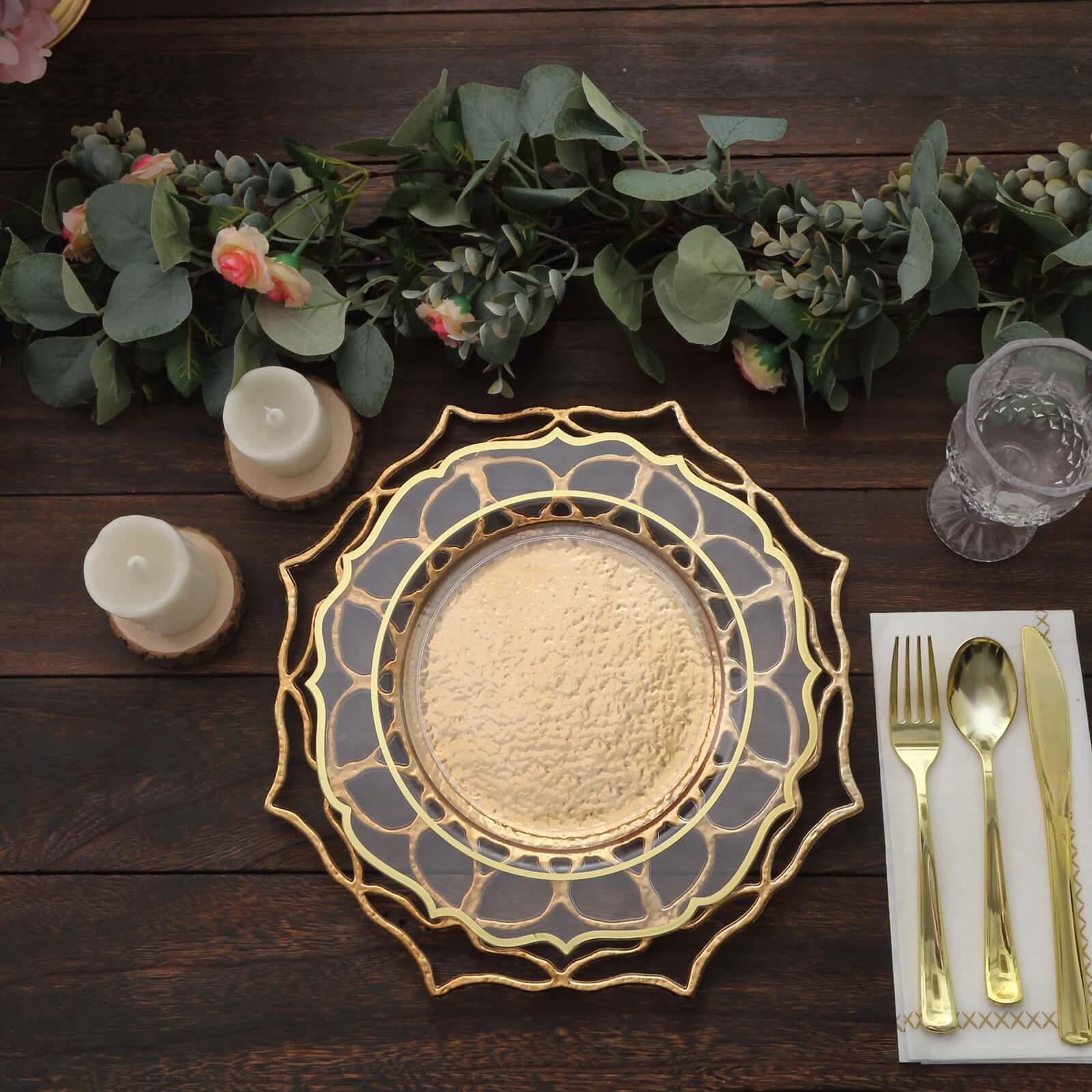Hot Sale! 6-Pack 13-Inch Gold Acrylic Round Charger Plates with Floral Cutout Design