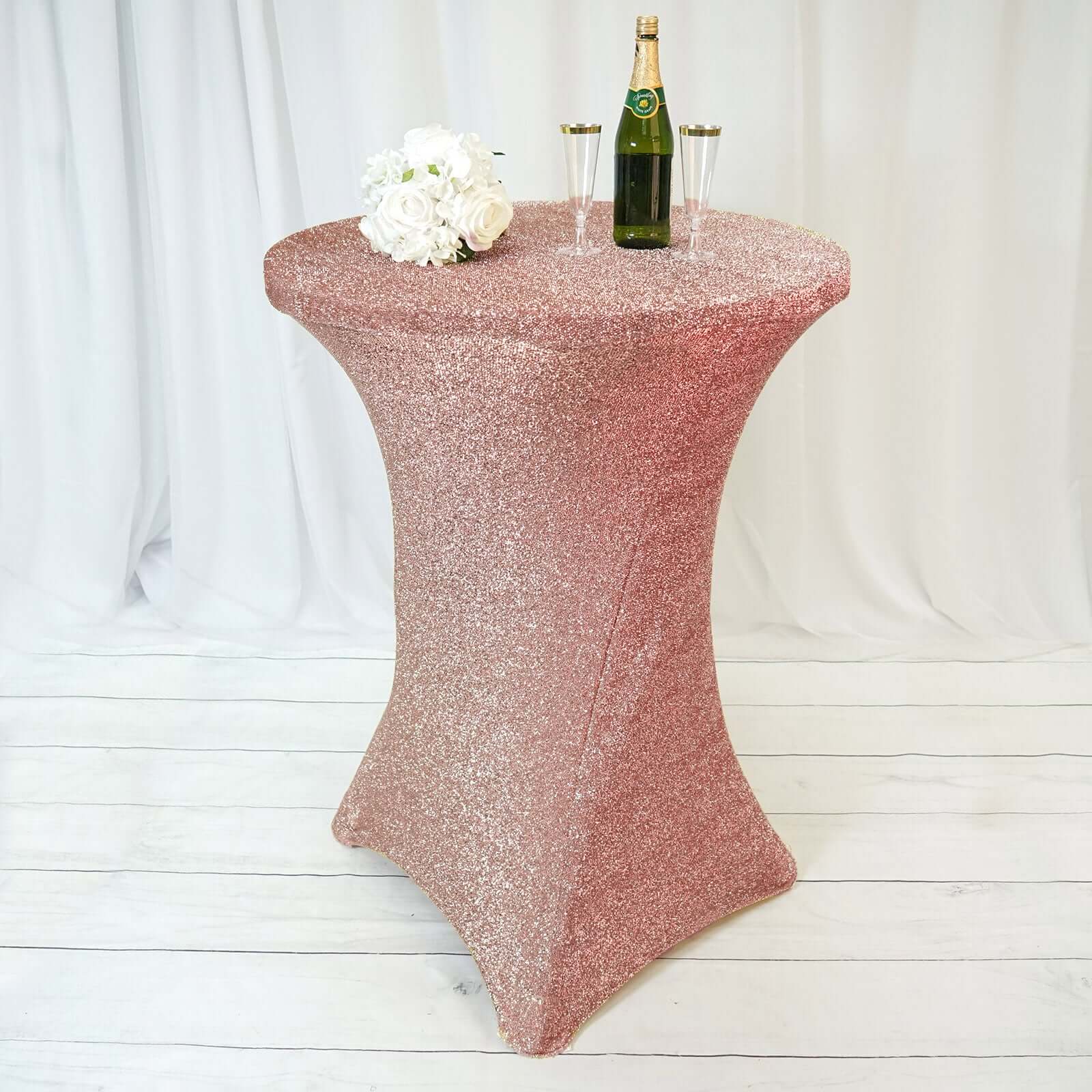 Rose Gold Metallic Spandex Glitter Cocktail Table Cover - Stretch Fit for High Tops