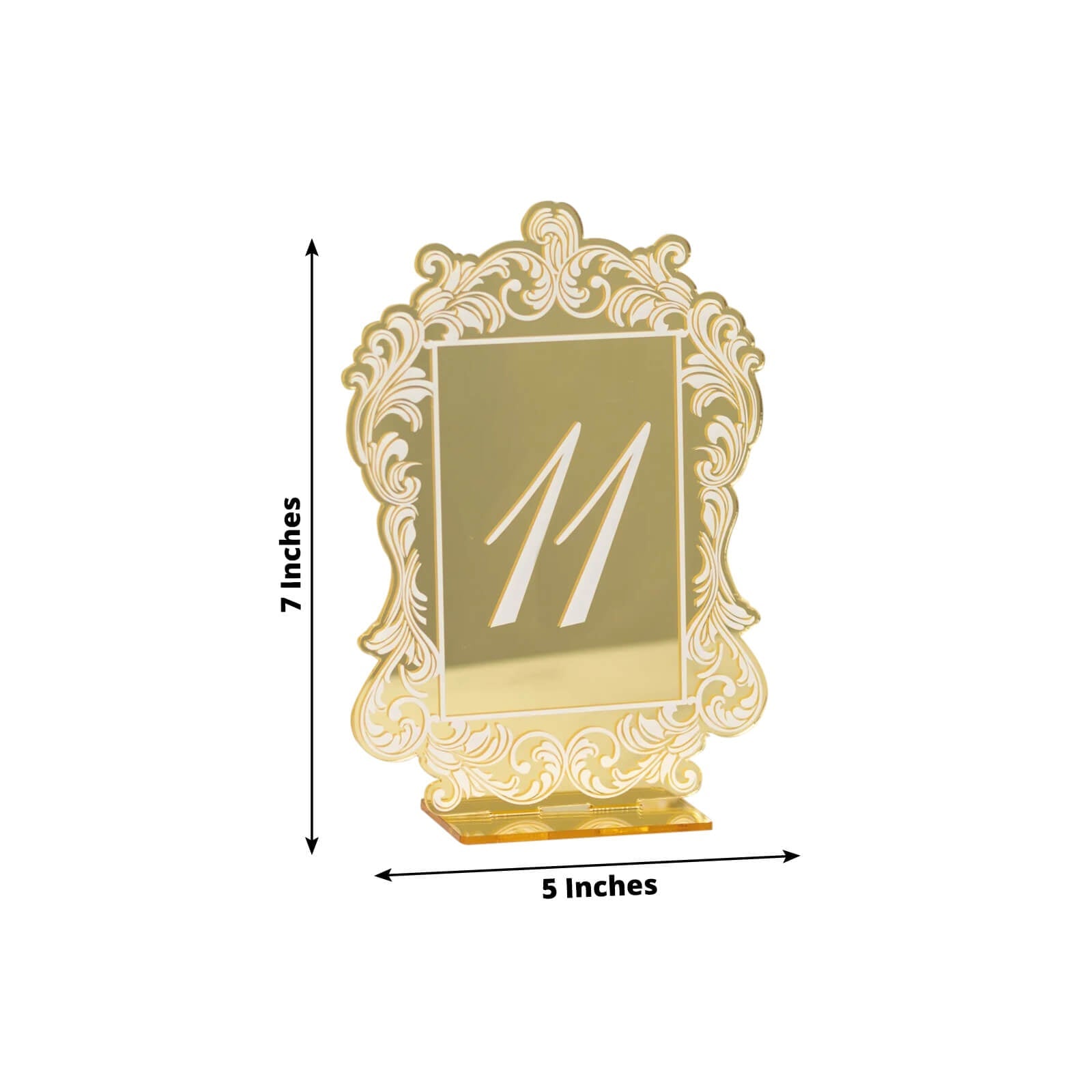 Gold Mirror Finish Acrylic Table Numbers 11 - 20, 5x7 Wedding Reception Signs with Baroque Lace, White Print & Stands