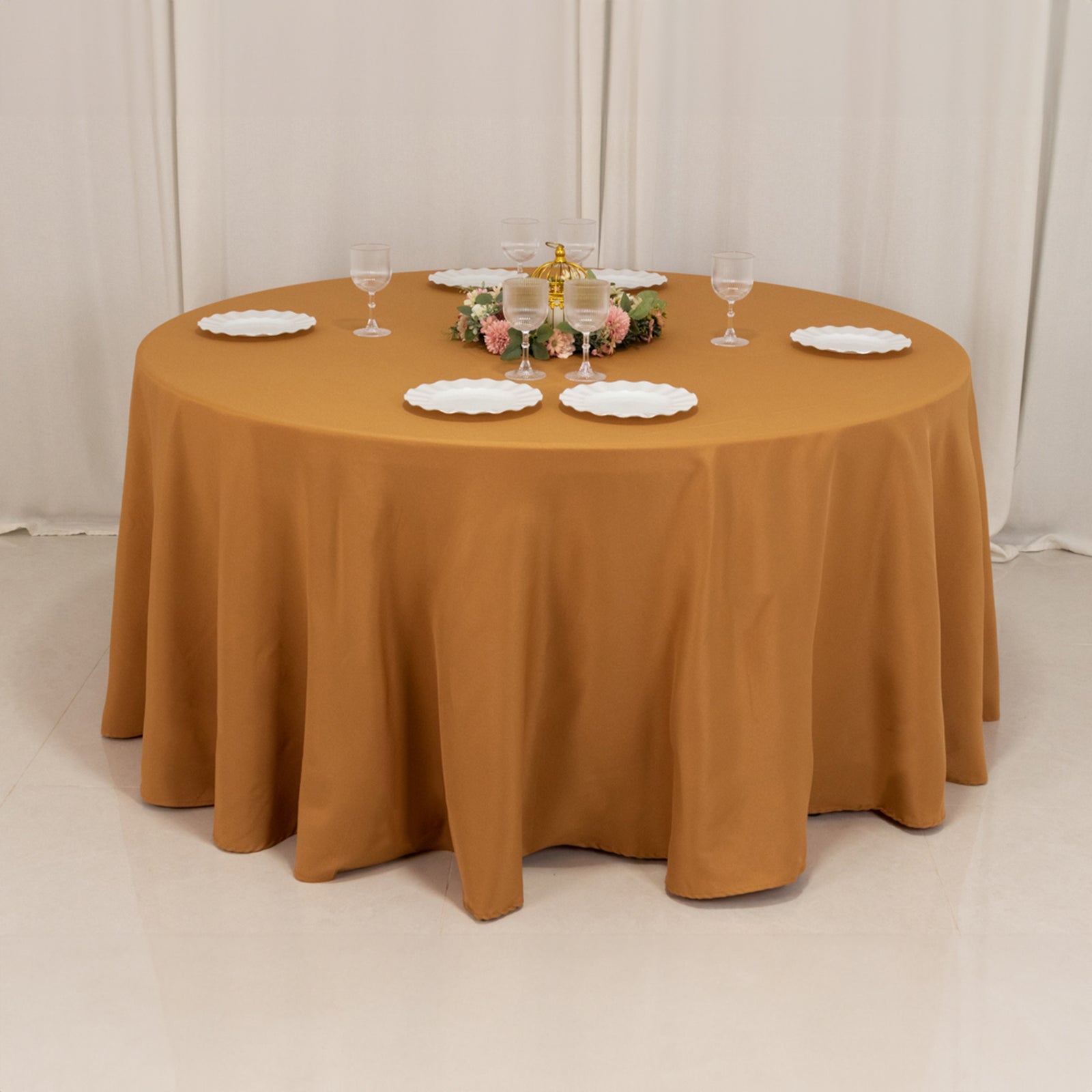 Seamless 220GSM Wrinkle-Resistant Gold Premium Polyester 120 Round Tablecloth for Elegant Events