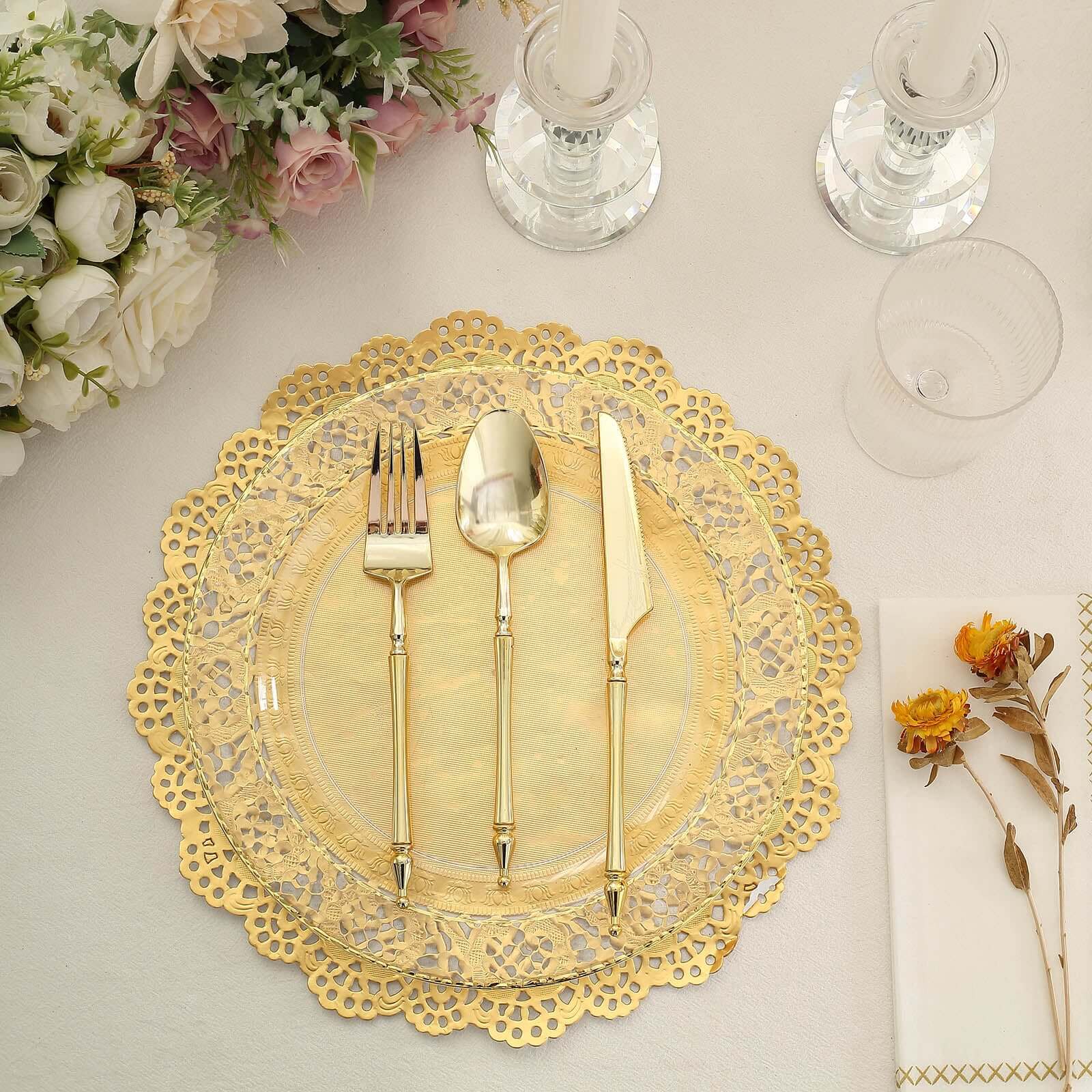 50 Pieces of 12-Inch Gold Food-Grade Lace Paper Round Placemats for Dessert & Table Decor