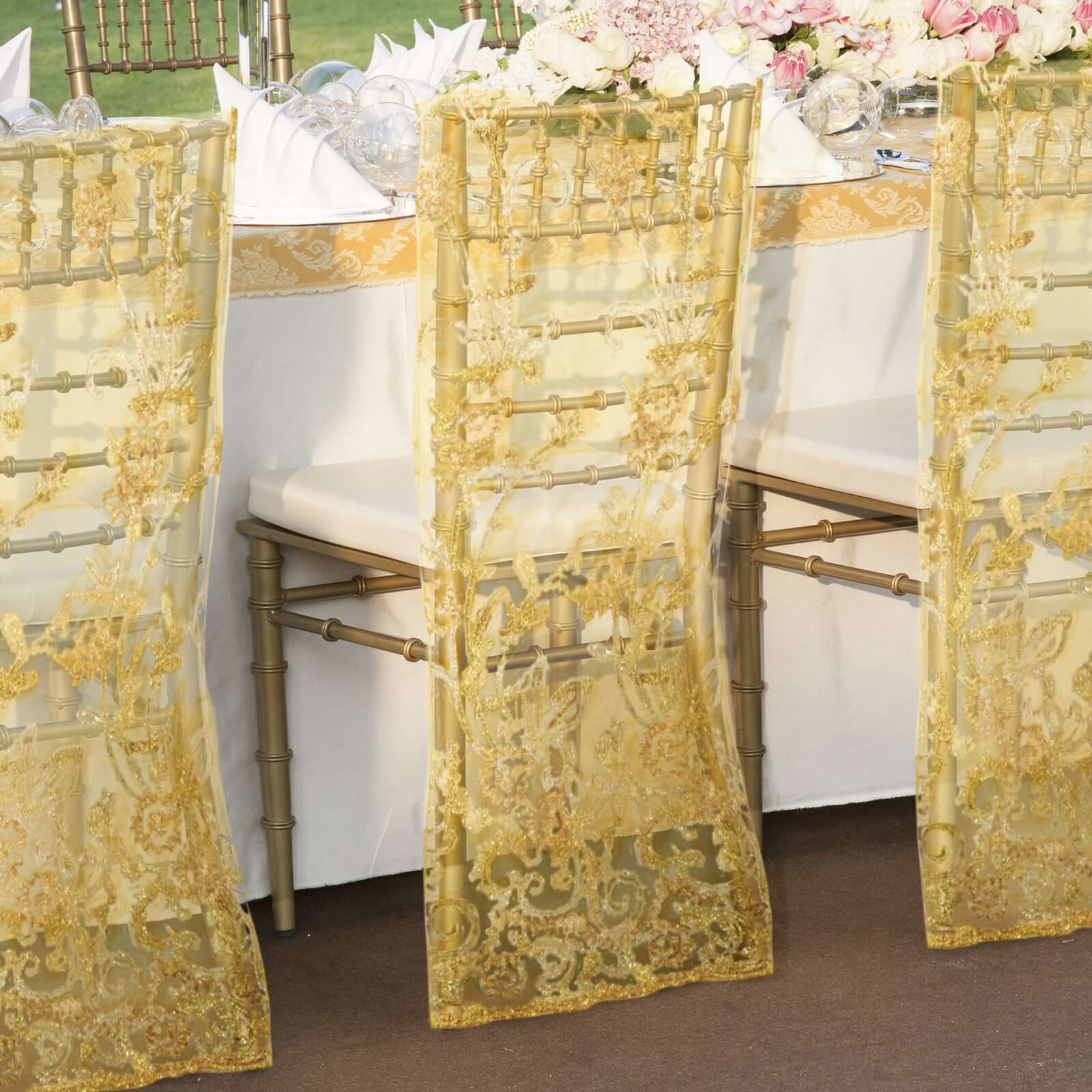 Hot! Gold Floral Sequin Embroidery Organza Chiavari Chair Slipcover
