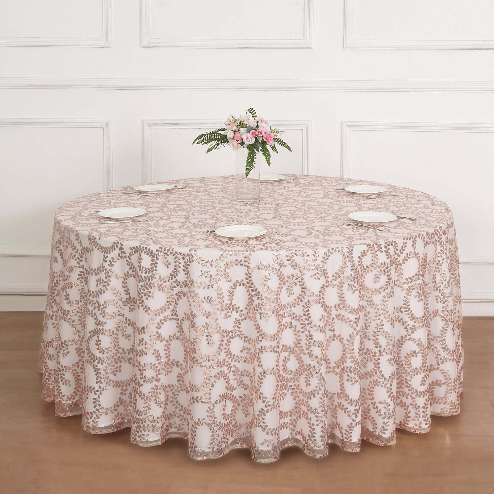 Hot Sale! 120' Round Seamless Rose Gold Tulle Tablecloth with Embroidered Sequin Leaf Design