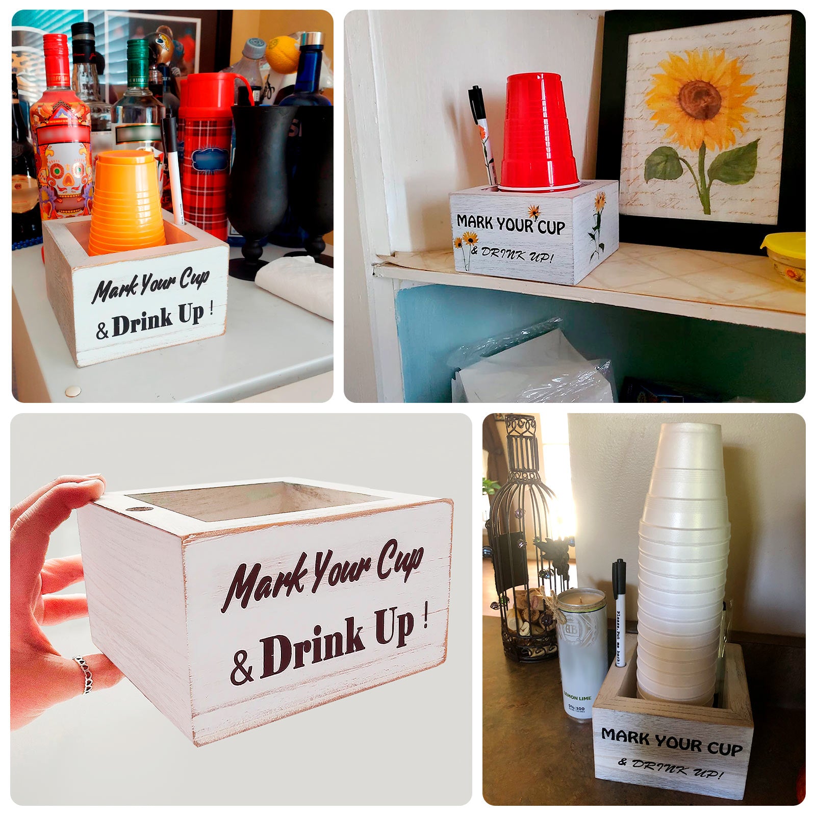 Whitewashed Rustic Wooden Solo Cup Holder with Black Marker for Farmhouse Parties, 5.5 inches