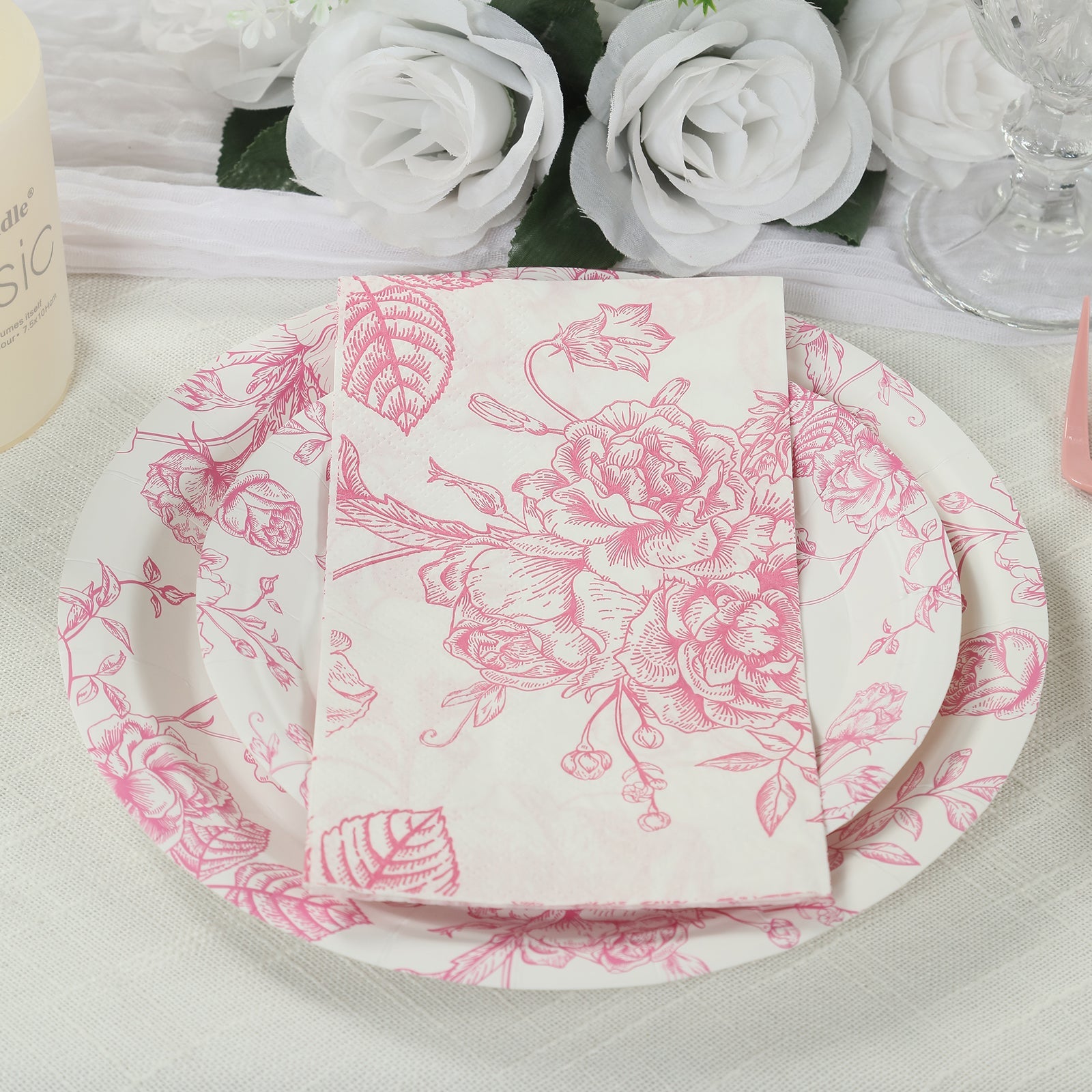 50 Pack Disposable 2-Ply French Toile Floral Pink & White Absorbent Party Napkins