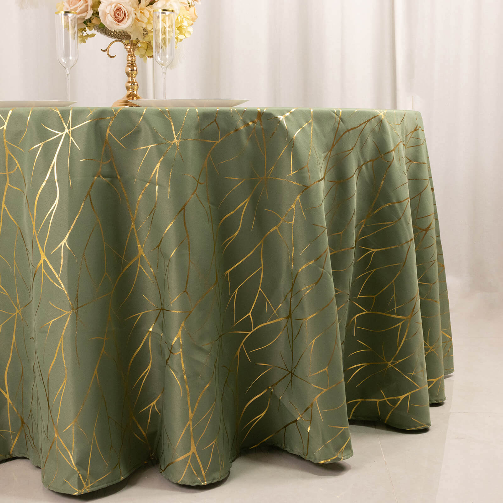 Exclusive! Wrinkle-Resistant 120" Polyester Round Tablecloth in Dusty Sage Green with Gold Foil Tree Branch for Classy Events