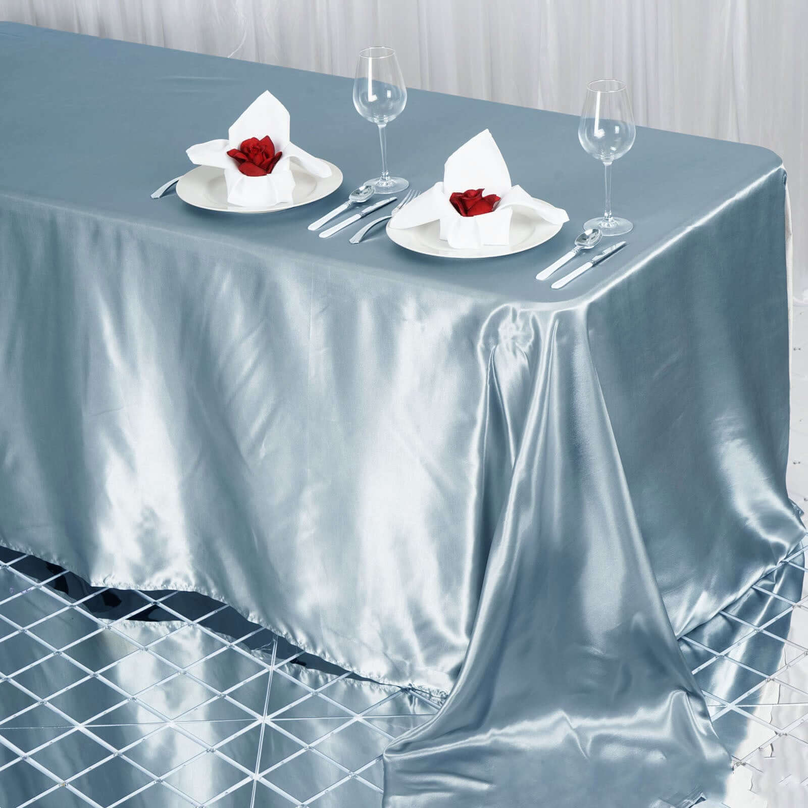 Hot Sale! Seamless Dusty Blue Satin Rectangular 90x132 Tablecloth for Various Events