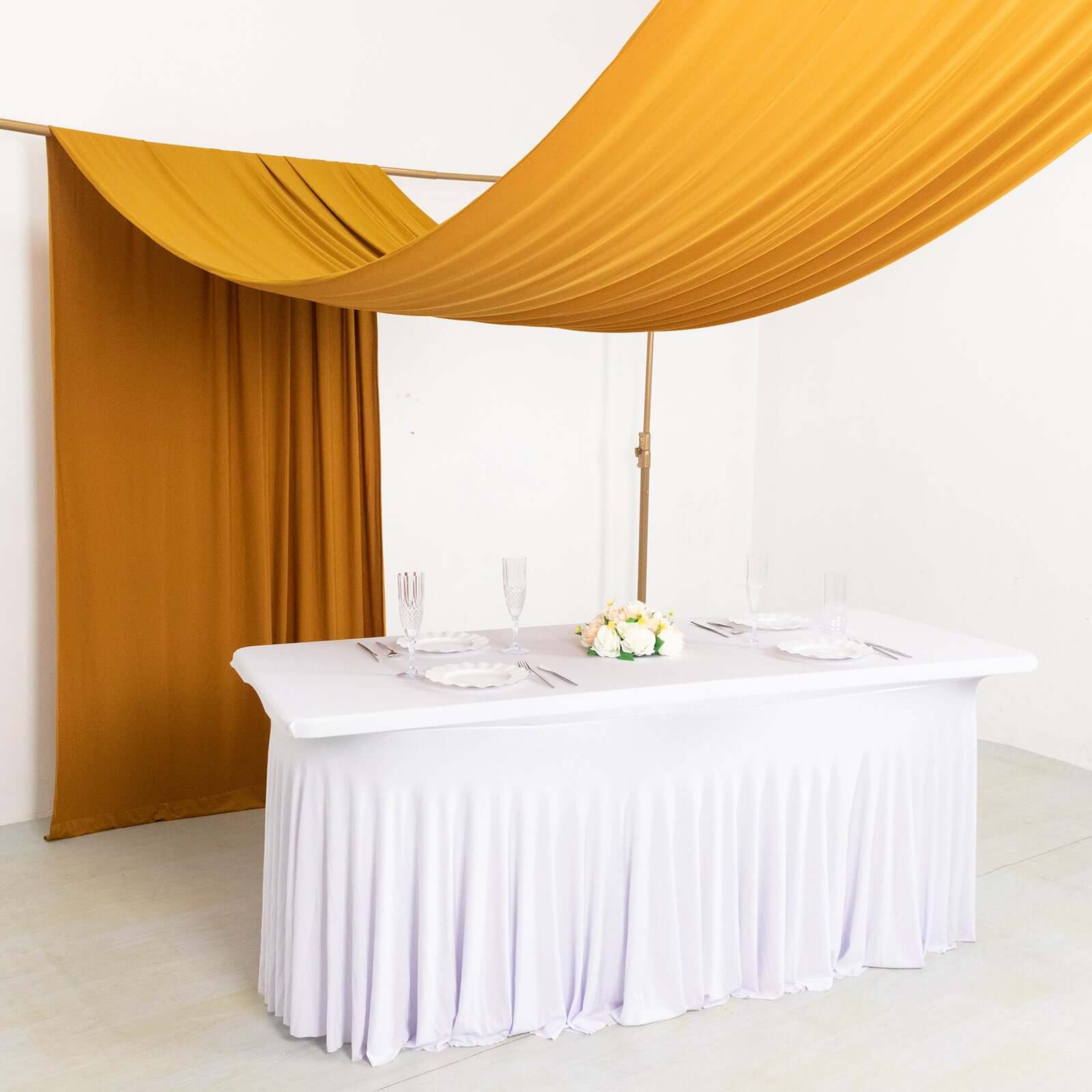 Hot Sale! Gold 4-Way Stretch Wrinkle-Free Spandex Event Curtain Drapes, 5ftx18ft with Rod Pockets