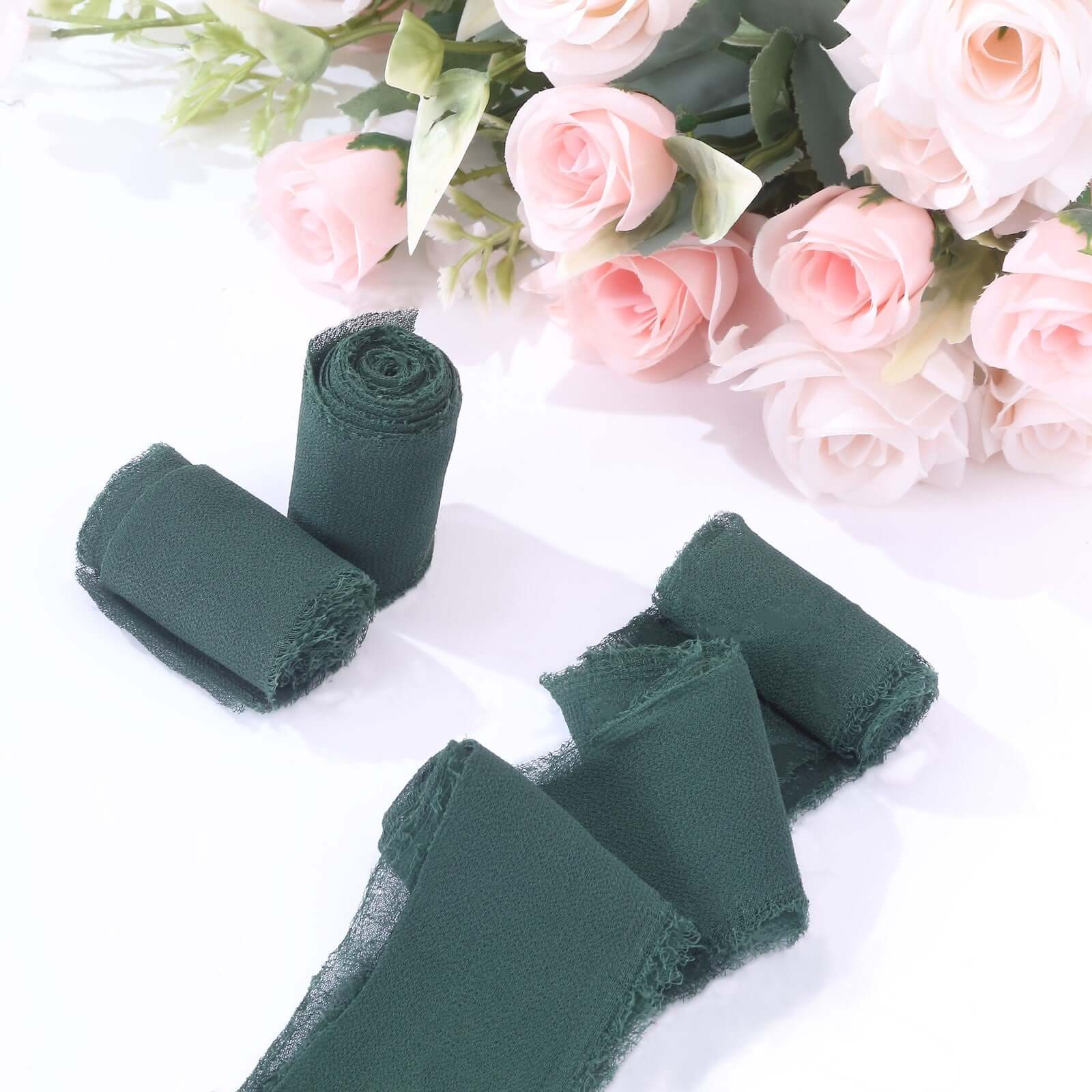 2-Pack Hunter Emerald Green Silk-Like Chiffon Ribbon Rolls for DIY Wedding Bouquets