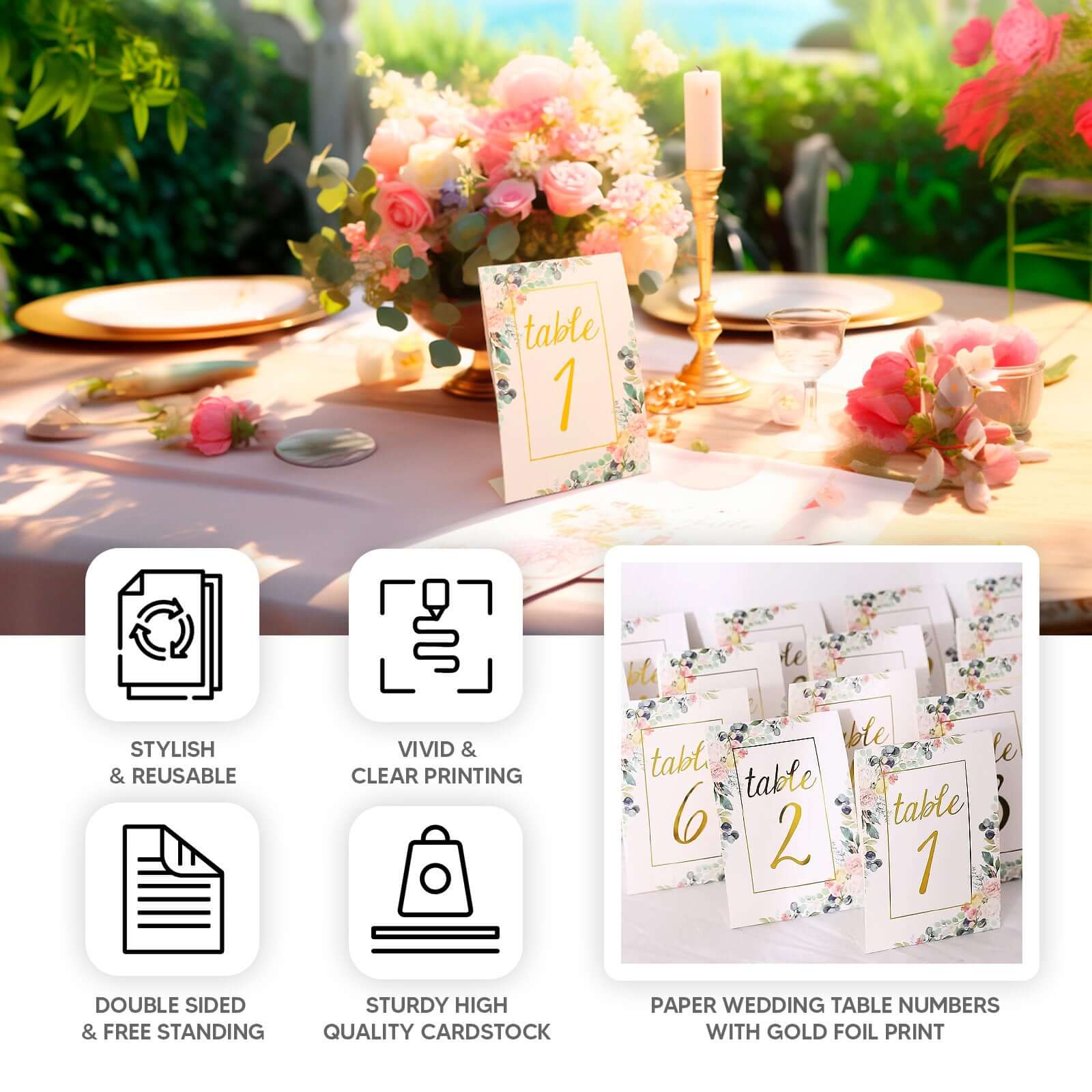 Get 25-Pack Free-Standing Double-Sided Wedding Table Numbers 1-25 with White Peony & Gold Foil Design