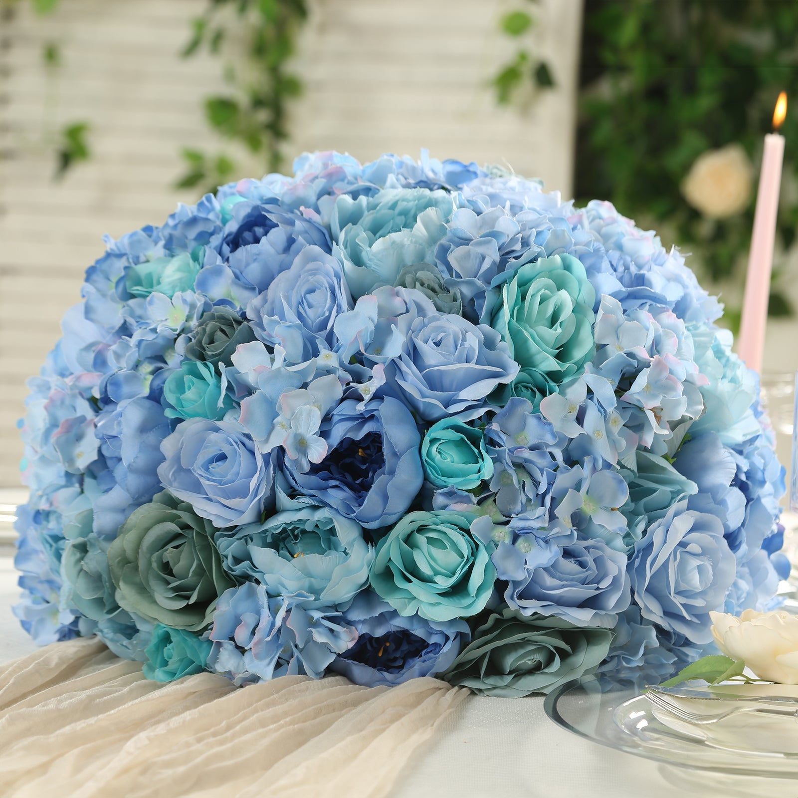 Large Pre - Arranged Blue Silk Rose Flower Balls for Wedding Table Decorations