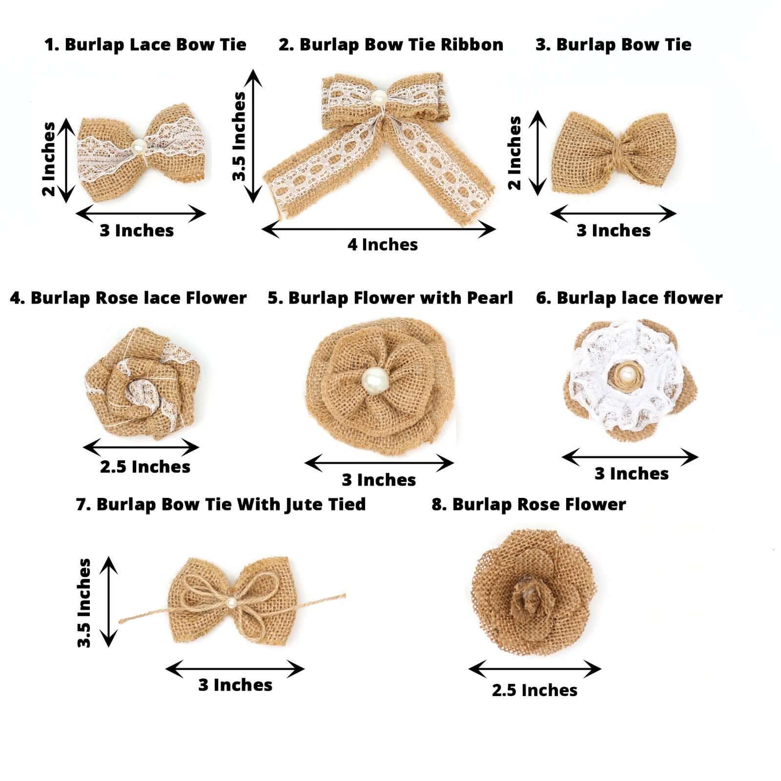 24 Pcs Natural Burlap Flower and Bow Set with Lace Ribbon, 8 Assorted Styles, 30 Sticker Dots Included