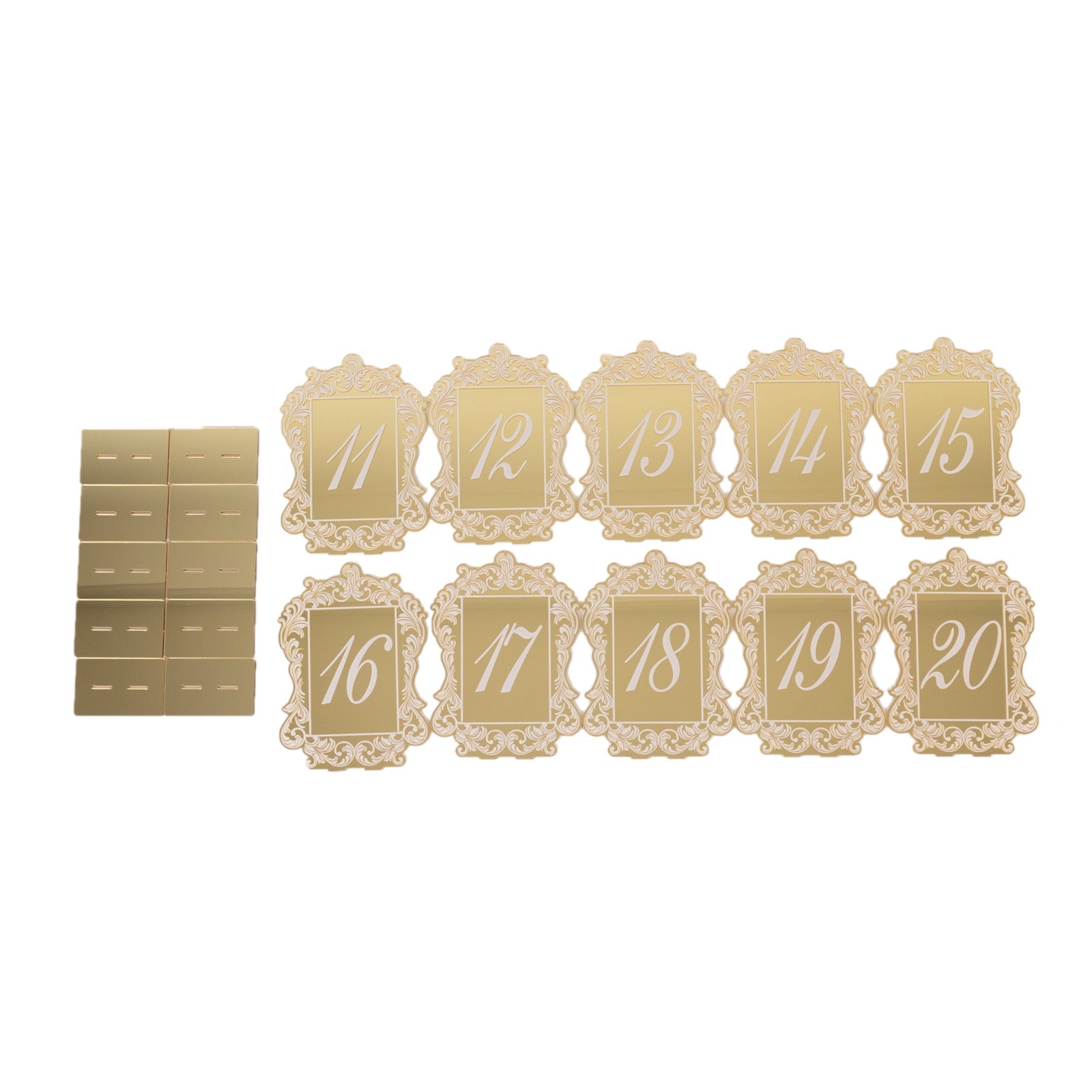Gold Mirror Finish Acrylic Table Numbers 11 - 20, 5x7 Wedding Reception Signs with Baroque Lace, White Print & Stands