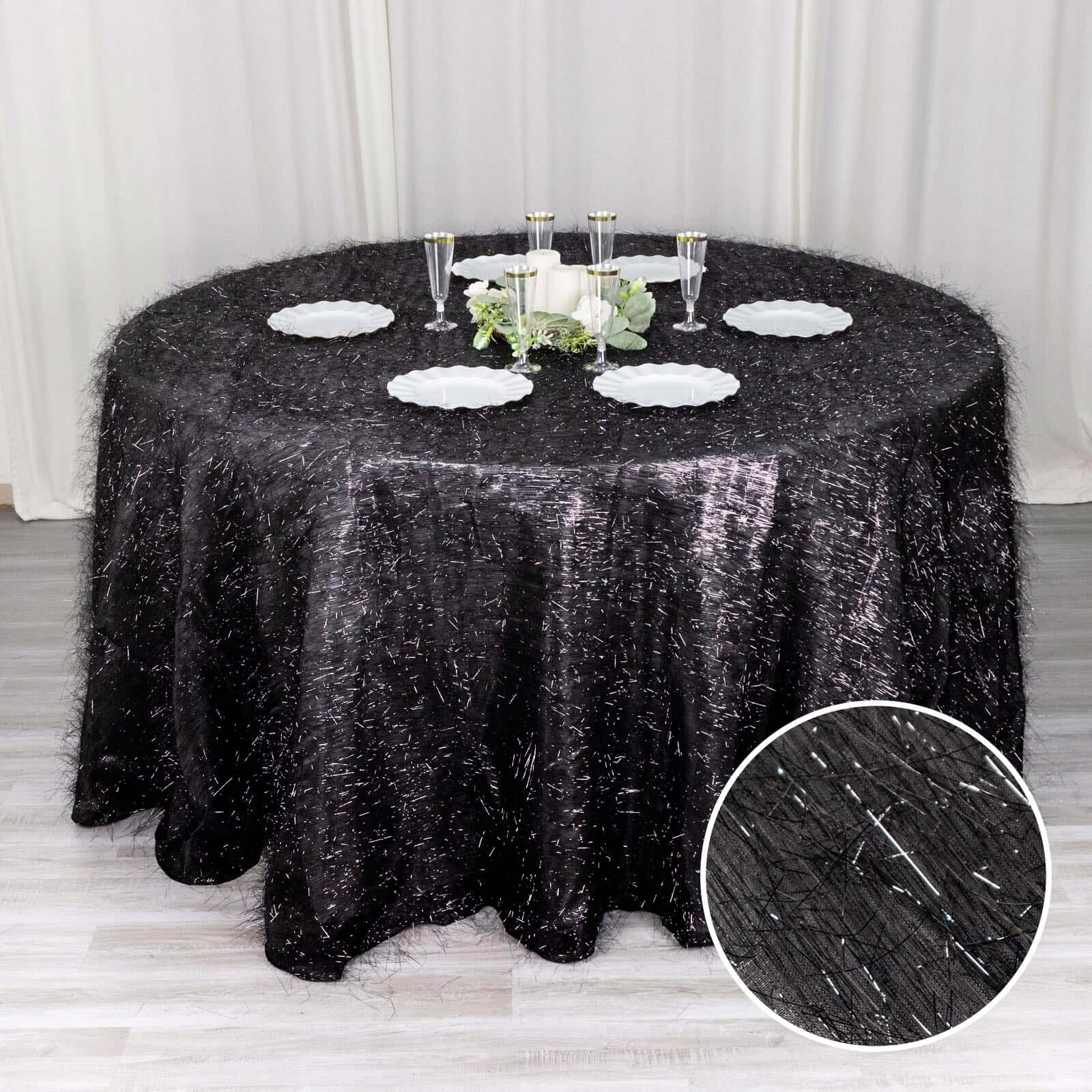 Exclusive Polyester 120-Inch Round Black Tablecloth with Metallic Fringe Shag Tinsel for Events