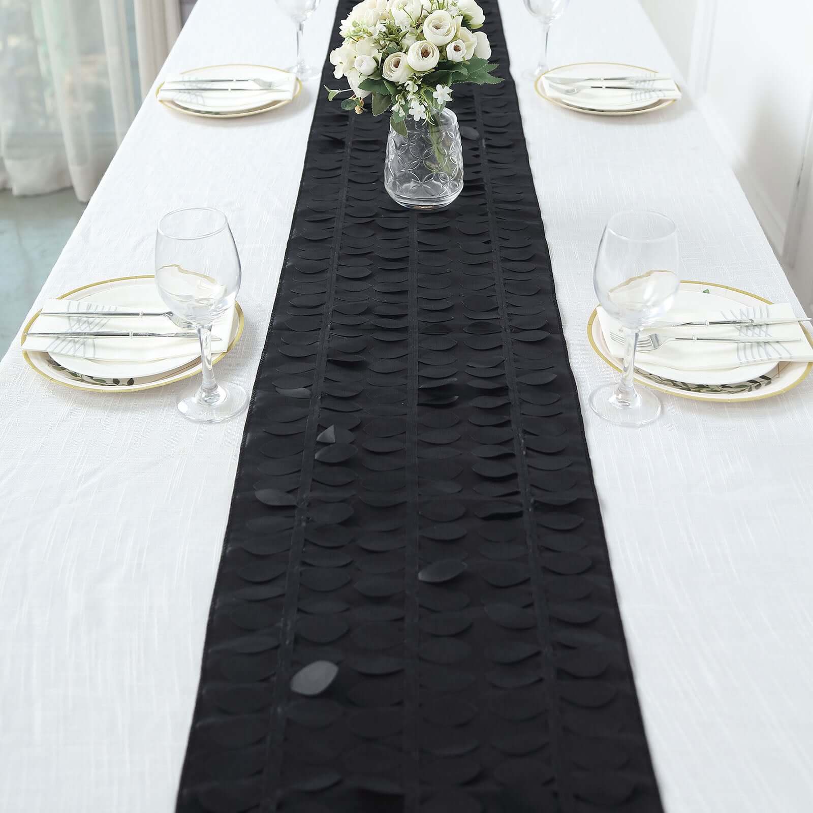 Exclusive Black Taffeta Table Runner with 3D Leaf Petal Design